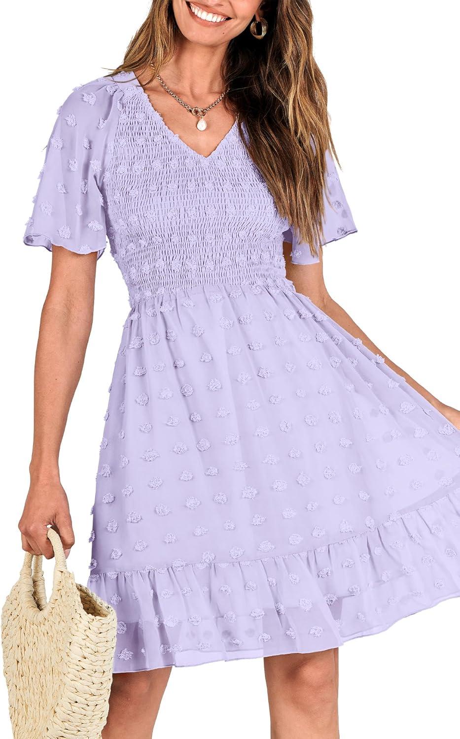 imageBTFBM Womens Beach Vacation Dress Summer 2026 V Neck Short Sleeve Smocked Swiss Dot Ruffle Casual Spring Mini DressesLight Purple