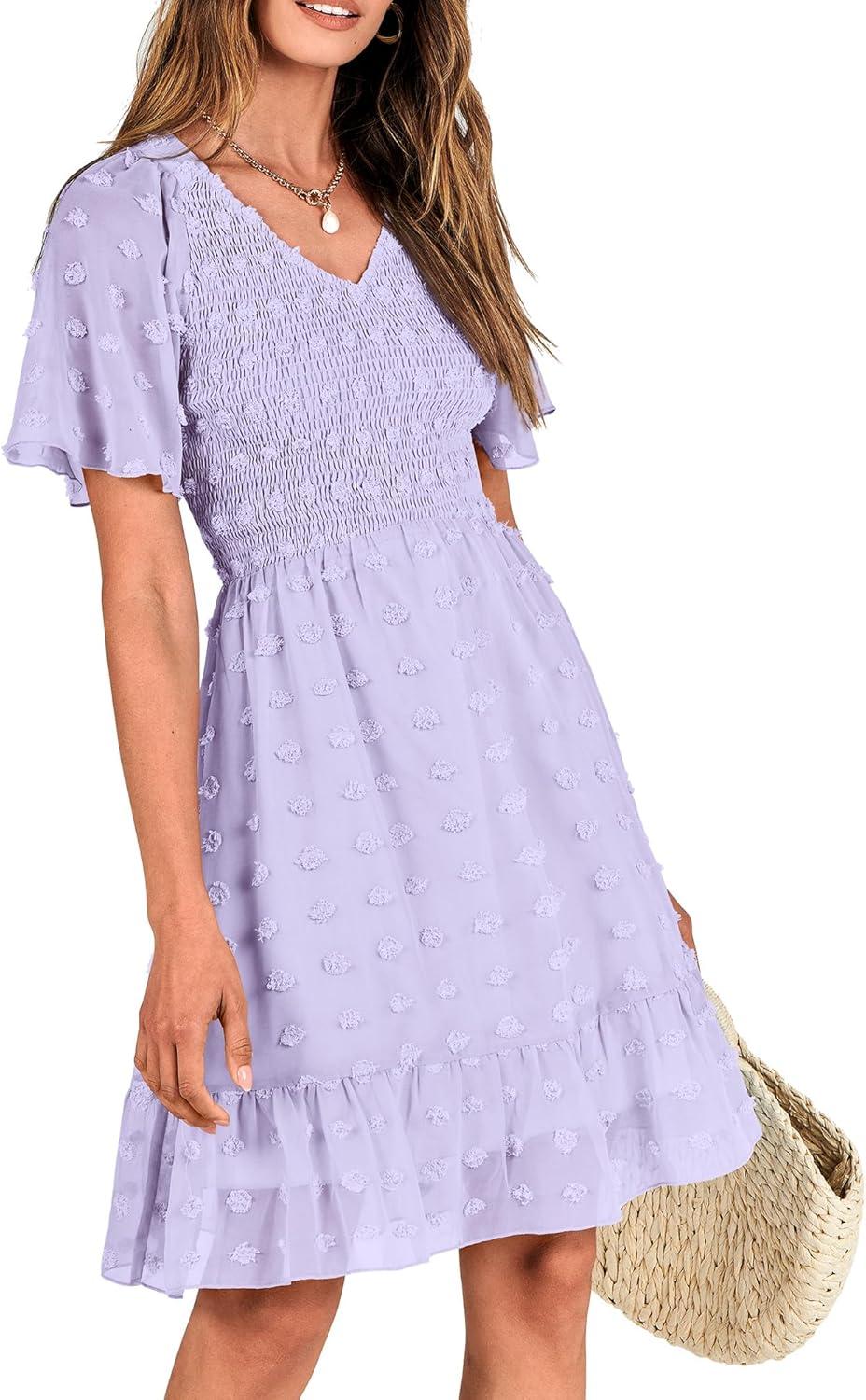 imageBTFBM Womens Beach Vacation Dress Summer 2026 V Neck Short Sleeve Smocked Swiss Dot Ruffle Casual Spring Mini DressesLight Purple