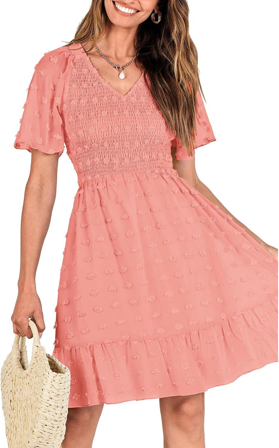 imageBTFBM Womens Beach Vacation Dress Summer 2026 V Neck Short Sleeve Smocked Swiss Dot Ruffle Casual Spring Mini DressesOrange Pink