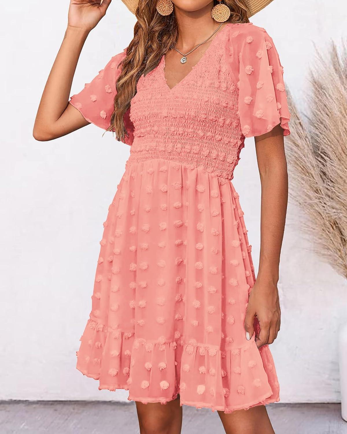 imageBTFBM Womens Beach Vacation Dress Summer 2026 V Neck Short Sleeve Smocked Swiss Dot Ruffle Casual Spring Mini DressesOrange Pink