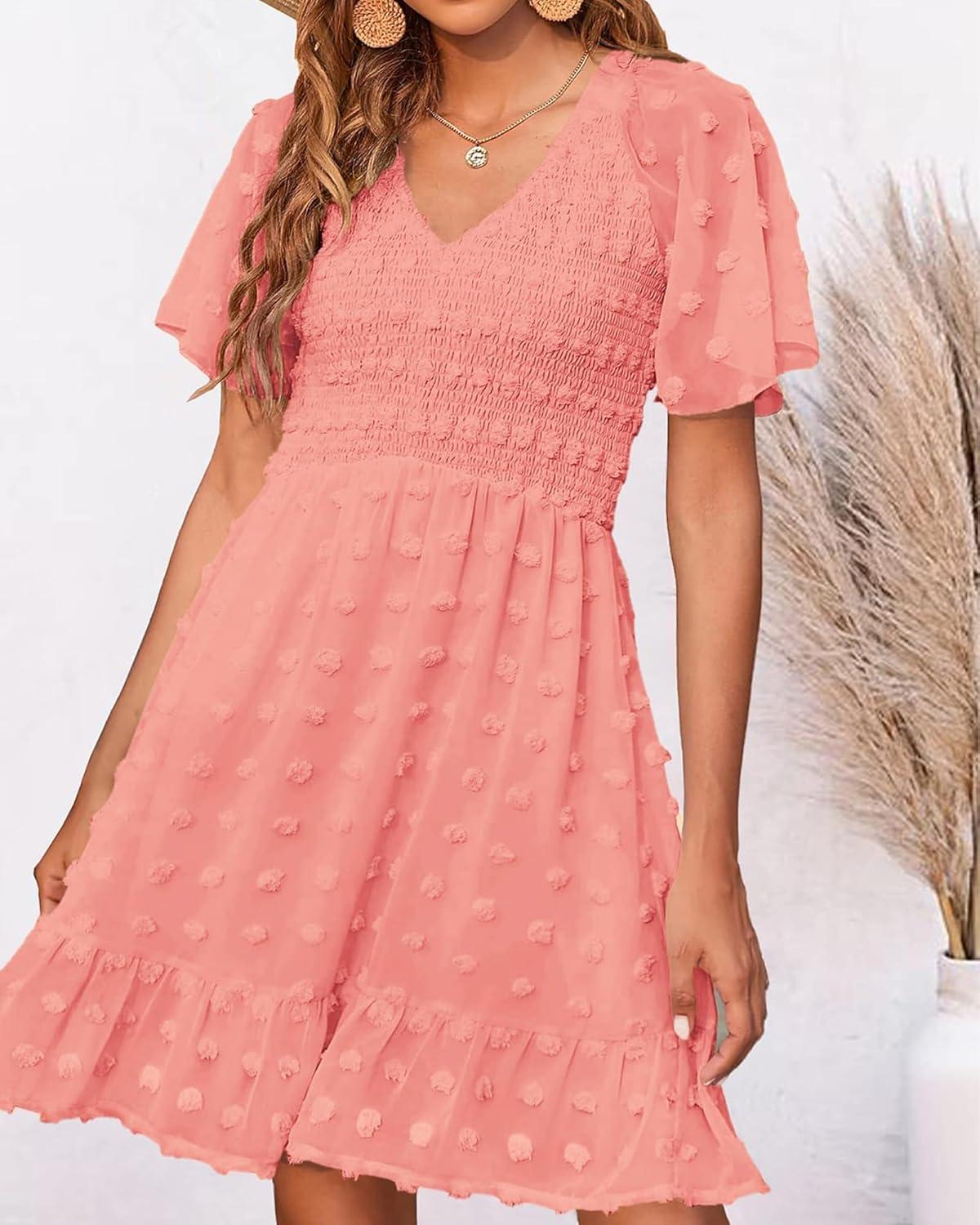 imageBTFBM Womens Beach Vacation Dress Summer 2026 V Neck Short Sleeve Smocked Swiss Dot Ruffle Casual Spring Mini DressesOrange Pink