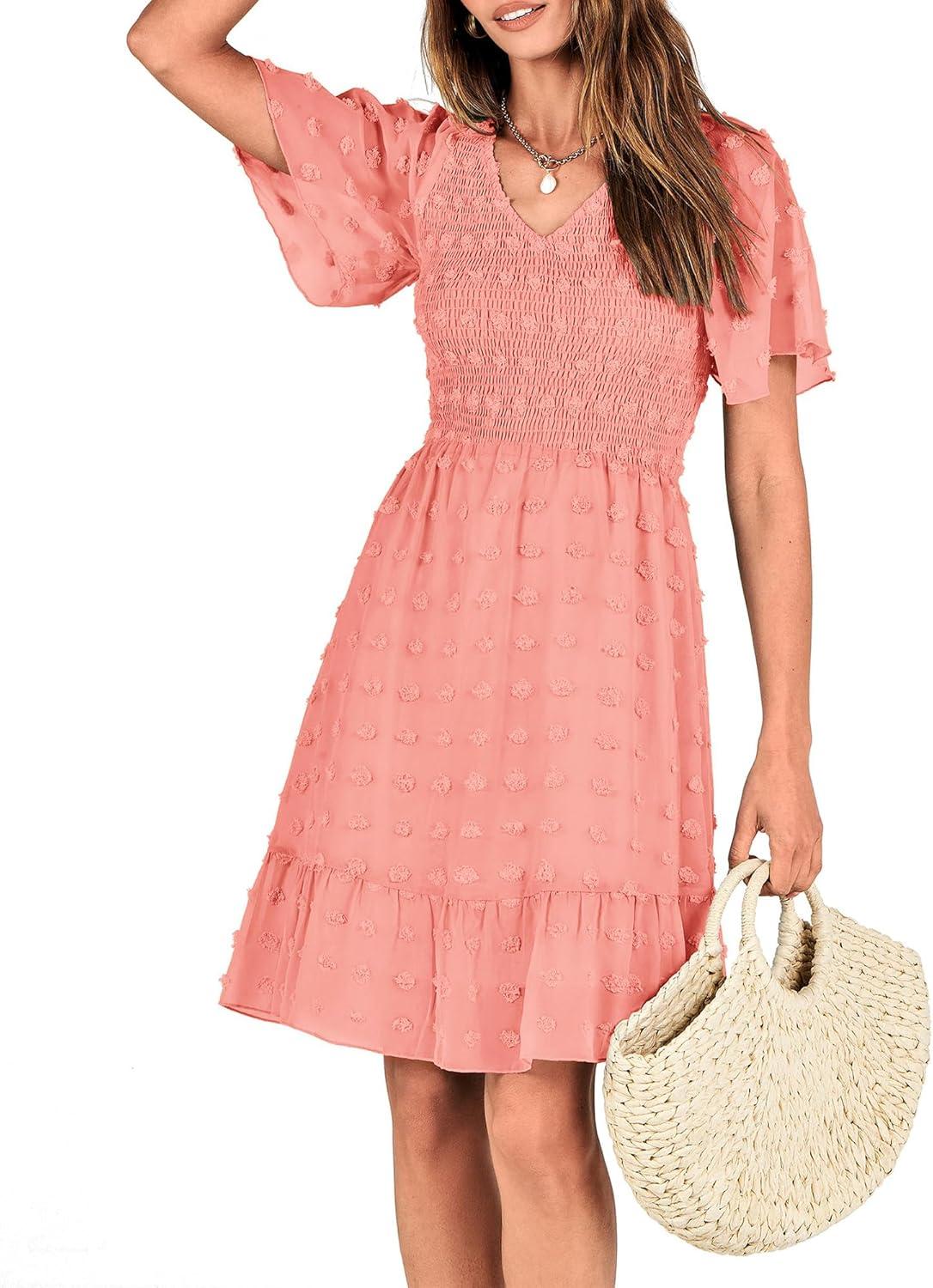imageBTFBM Womens Beach Vacation Dress Summer 2026 V Neck Short Sleeve Smocked Swiss Dot Ruffle Casual Spring Mini DressesOrange Pink