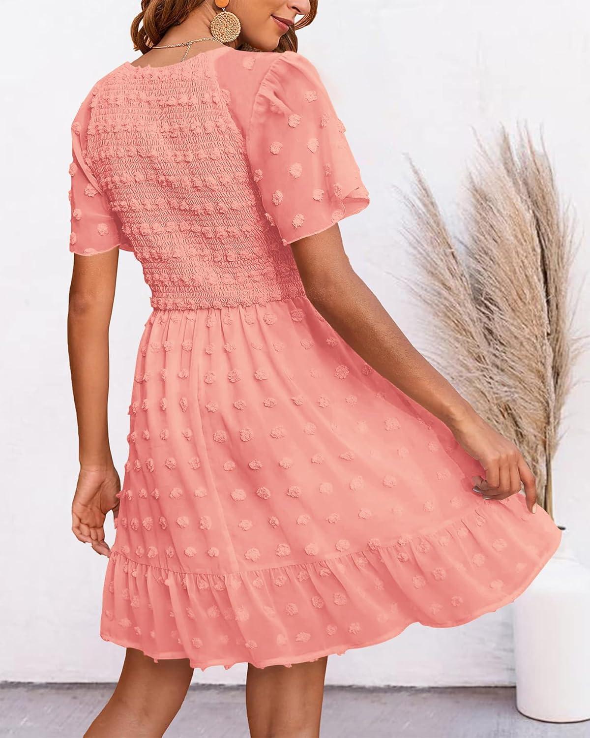imageBTFBM Womens Beach Vacation Dress Summer 2026 V Neck Short Sleeve Smocked Swiss Dot Ruffle Casual Spring Mini DressesOrange Pink