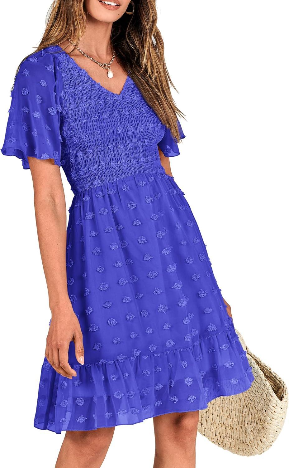 imageBTFBM Womens Beach Vacation Dress Summer 2026 V Neck Short Sleeve Smocked Swiss Dot Ruffle Casual Spring Mini DressesRoyal Blue