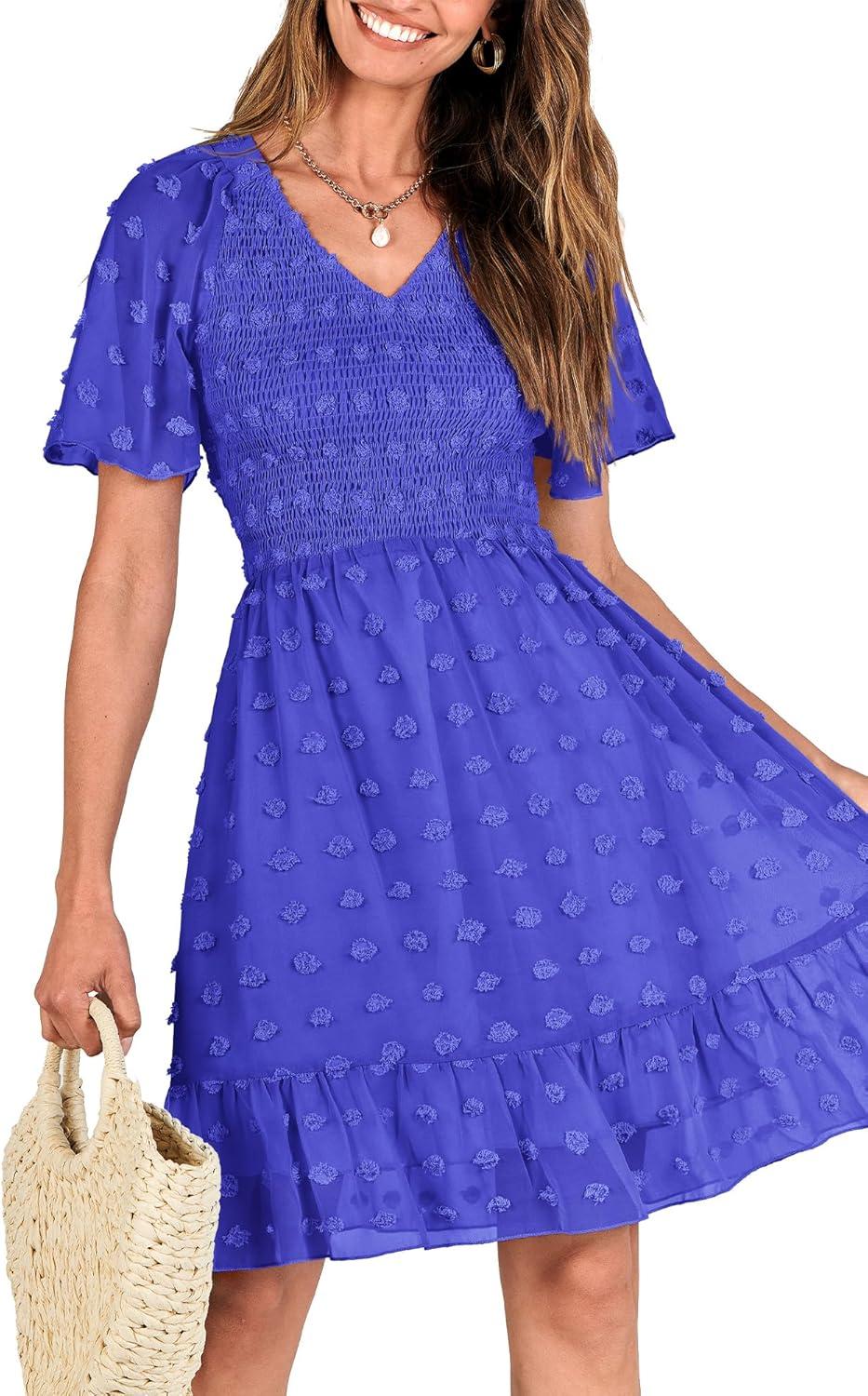 imageBTFBM Womens Beach Vacation Dress Summer 2026 V Neck Short Sleeve Smocked Swiss Dot Ruffle Casual Spring Mini DressesRoyal Blue