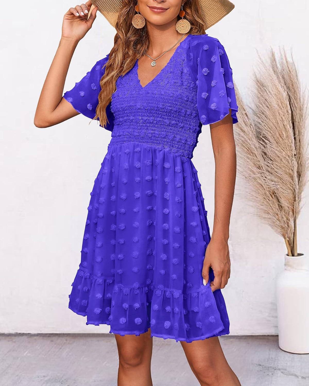 imageBTFBM Womens Beach Vacation Dress Summer 2026 V Neck Short Sleeve Smocked Swiss Dot Ruffle Casual Spring Mini DressesRoyal Blue