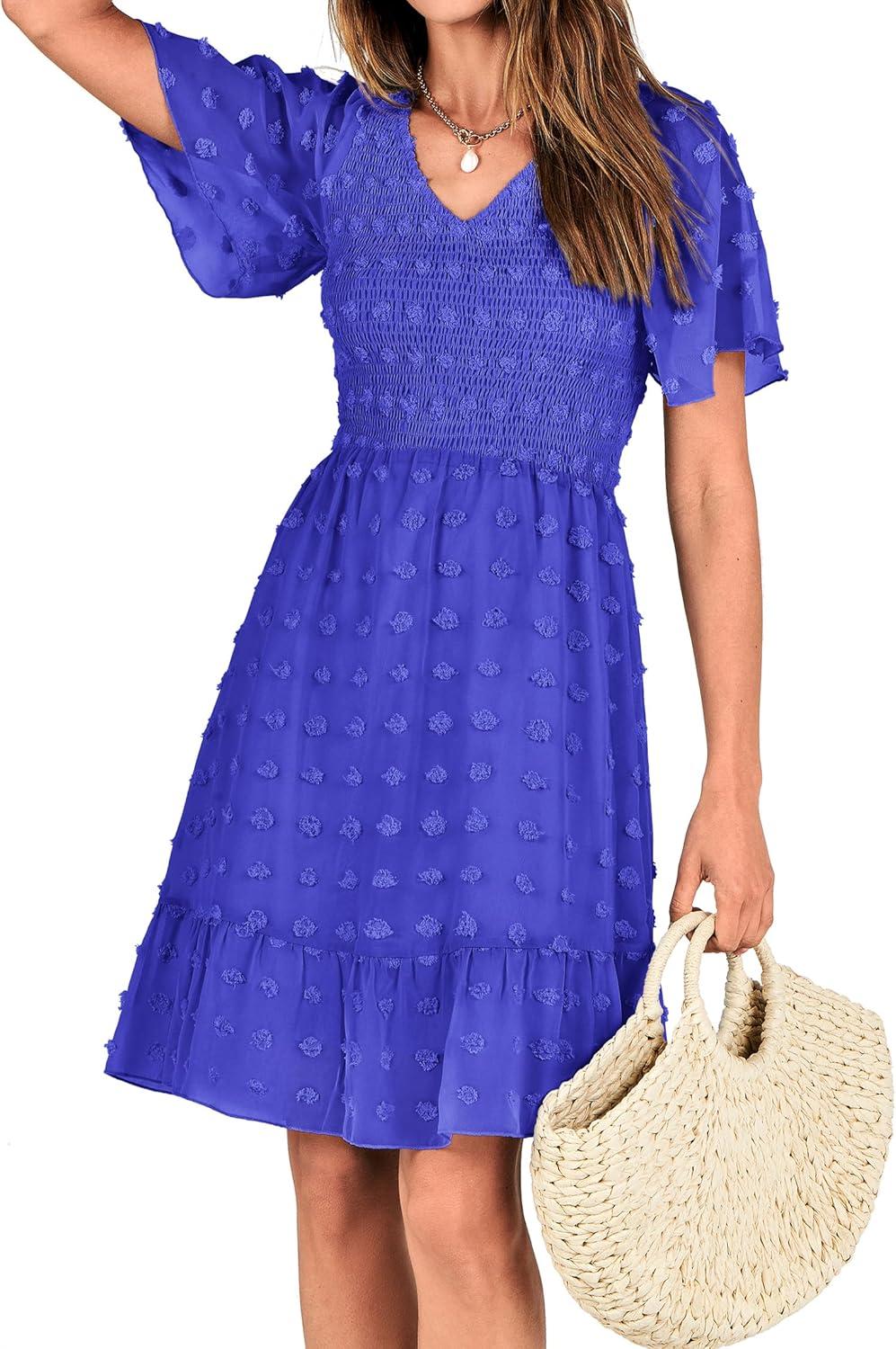 imageBTFBM Womens Beach Vacation Dress Summer 2026 V Neck Short Sleeve Smocked Swiss Dot Ruffle Casual Spring Mini DressesRoyal Blue