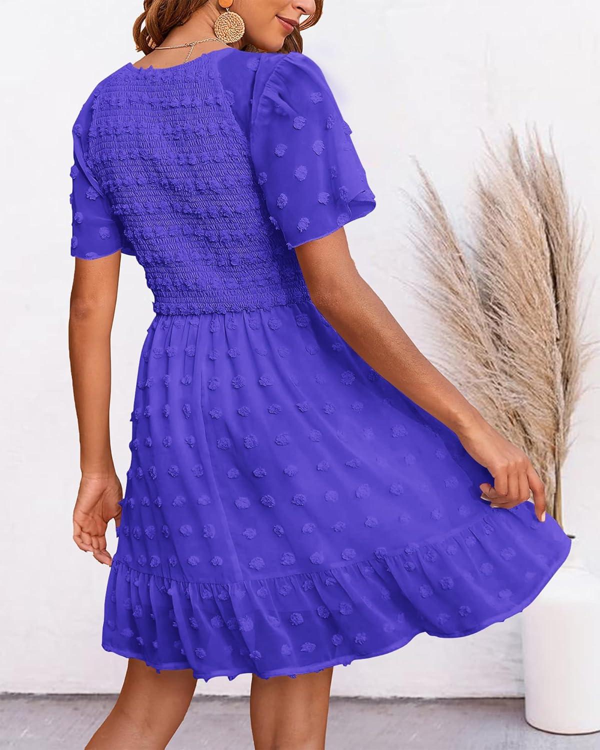 imageBTFBM Womens Beach Vacation Dress Summer 2026 V Neck Short Sleeve Smocked Swiss Dot Ruffle Casual Spring Mini DressesRoyal Blue