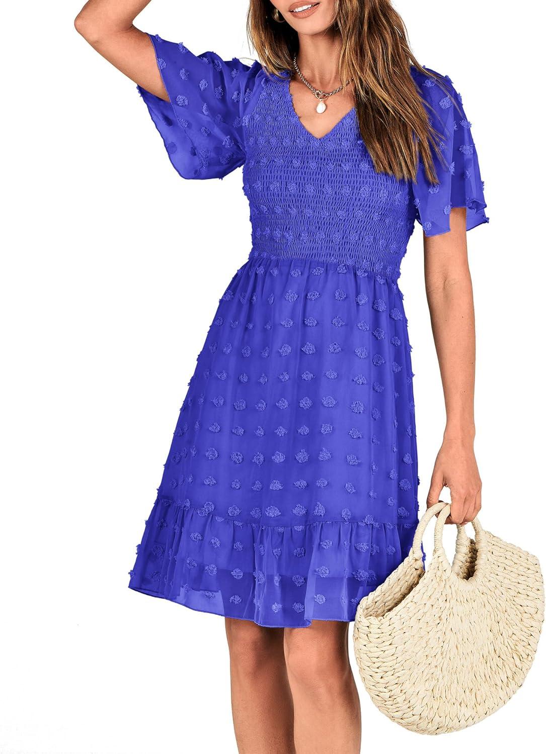 imageBTFBM Womens Beach Vacation Dress Summer 2026 V Neck Short Sleeve Smocked Swiss Dot Ruffle Casual Spring Mini DressesRoyal Blue