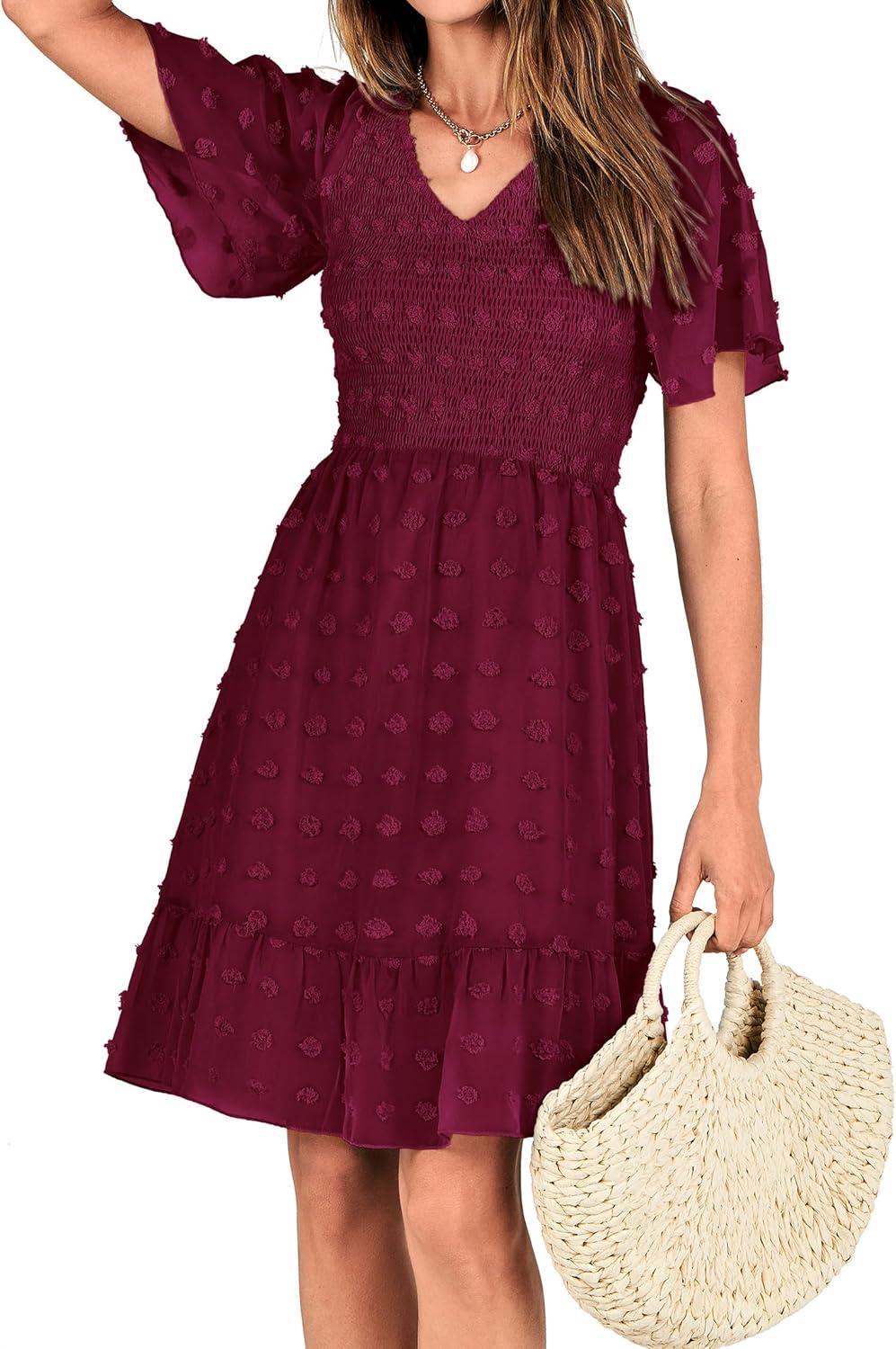 imageBTFBM Womens Beach Vacation Dress Summer 2026 V Neck Short Sleeve Smocked Swiss Dot Ruffle Casual Spring Mini DressesWine Red