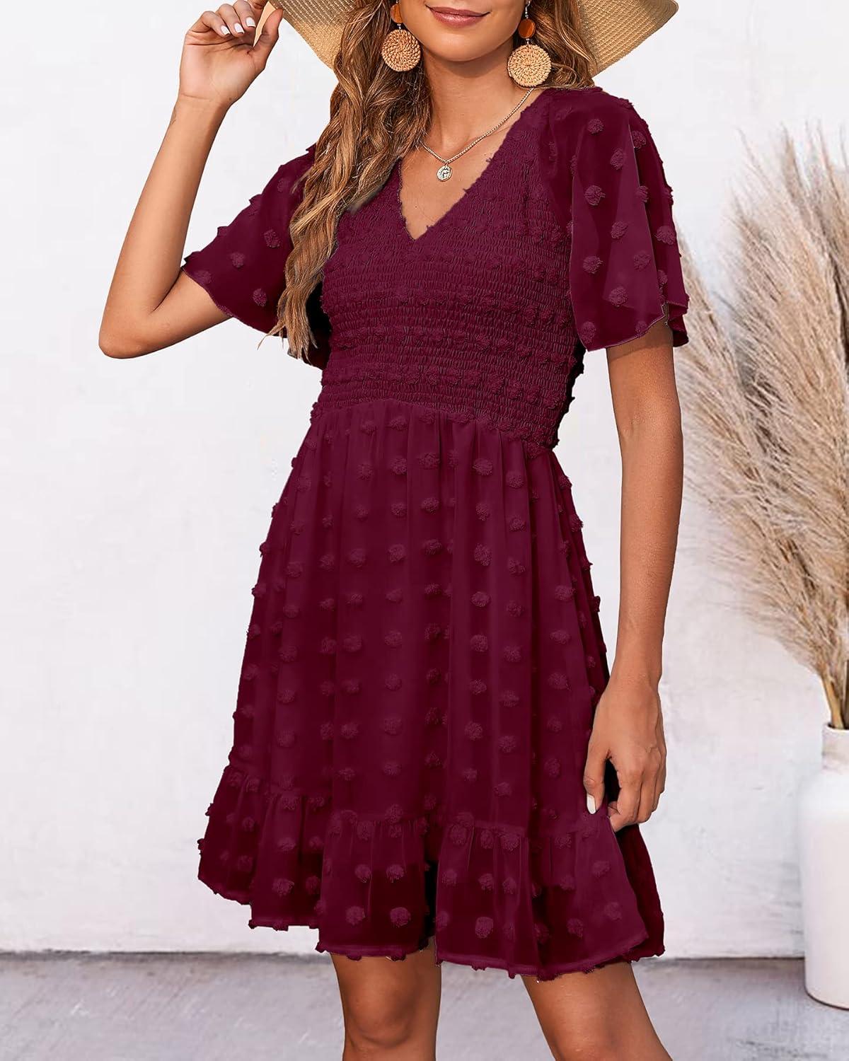 imageBTFBM Womens Beach Vacation Dress Summer 2026 V Neck Short Sleeve Smocked Swiss Dot Ruffle Casual Spring Mini DressesWine Red