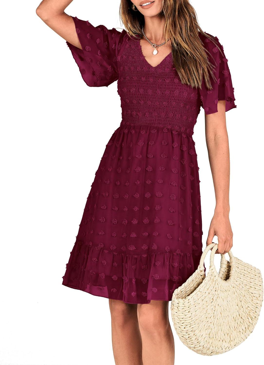 imageBTFBM Womens Beach Vacation Dress Summer 2026 V Neck Short Sleeve Smocked Swiss Dot Ruffle Casual Spring Mini DressesWine Red