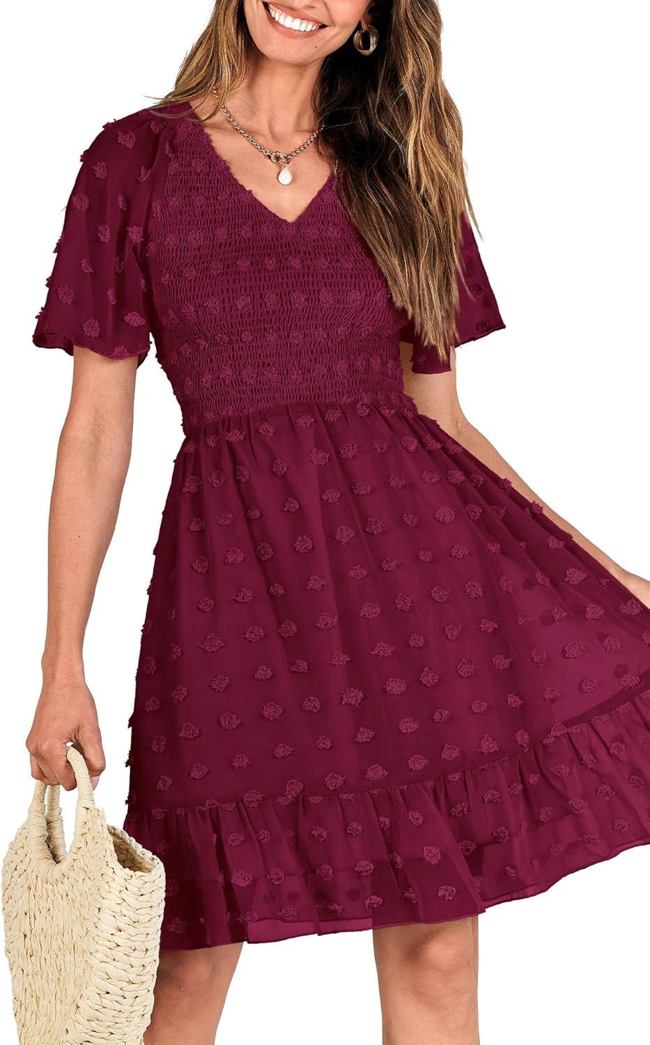 imageBTFBM Womens Beach Vacation Dress Summer 2026 V Neck Short Sleeve Smocked Swiss Dot Ruffle Casual Spring Mini DressesWine Red