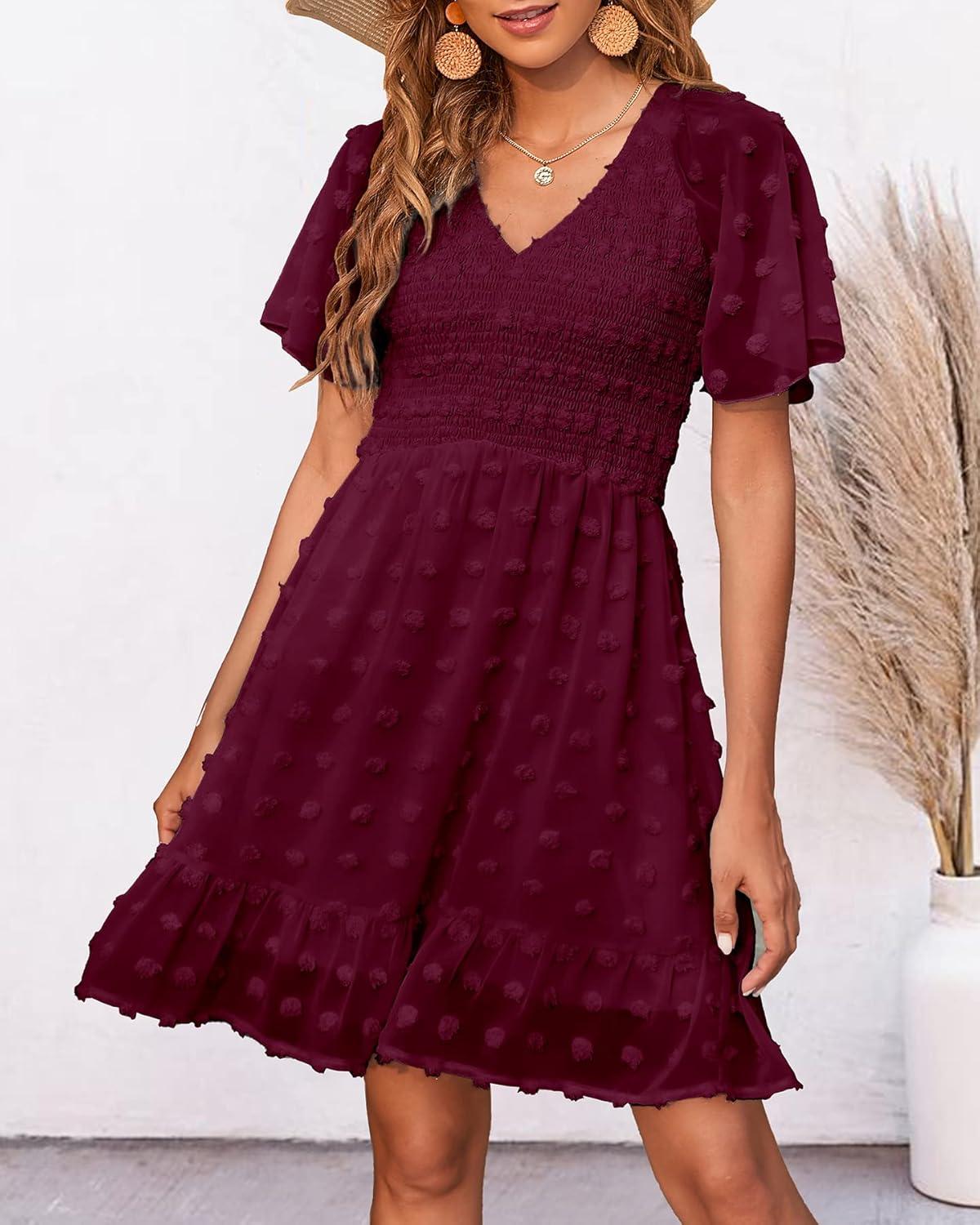 imageBTFBM Womens Beach Vacation Dress Summer 2026 V Neck Short Sleeve Smocked Swiss Dot Ruffle Casual Spring Mini DressesWine Red