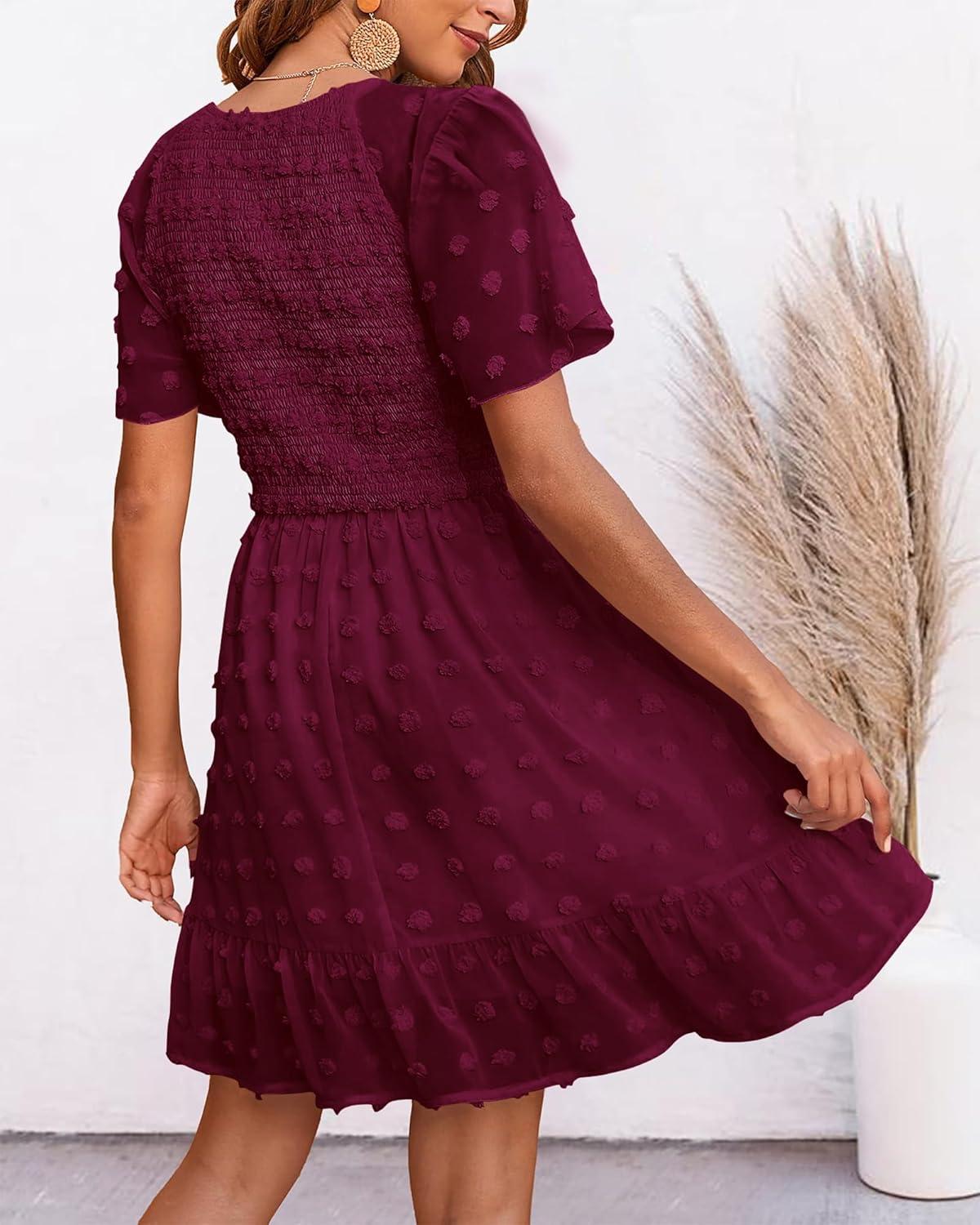 imageBTFBM Womens Beach Vacation Dress Summer 2026 V Neck Short Sleeve Smocked Swiss Dot Ruffle Casual Spring Mini DressesWine Red