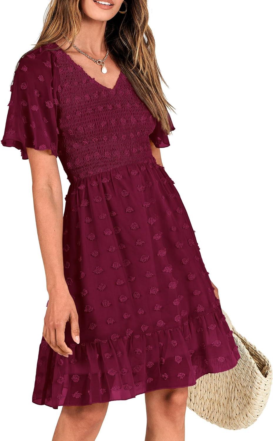 imageBTFBM Womens Beach Vacation Dress Summer 2026 V Neck Short Sleeve Smocked Swiss Dot Ruffle Casual Spring Mini DressesWine Red