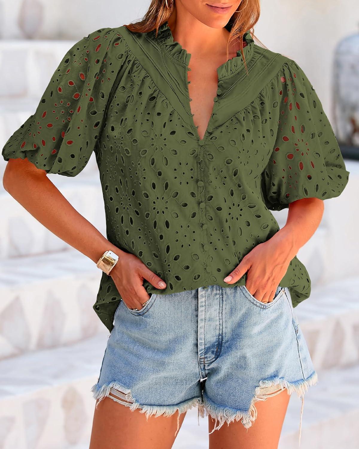 imageBTFBM Womens Blouses Summer Hollow Out Eyelet Embroidery Tops V Neck Buttons Puff Sleeve Boho Shirts Spring Fashion 2026Army Green