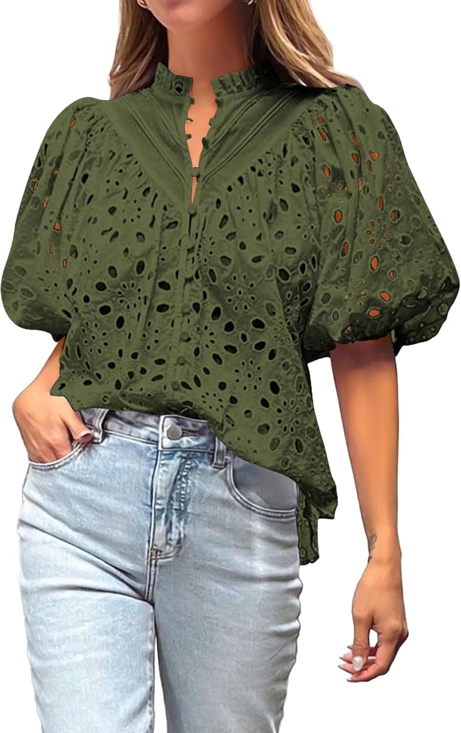 imageBTFBM Womens Blouses Summer Hollow Out Eyelet Embroidery Tops V Neck Buttons Puff Sleeve Boho Shirts Spring Fashion 2026Army Green