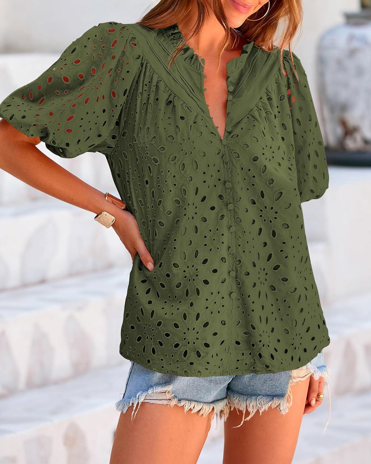 imageBTFBM Womens Blouses Summer Hollow Out Eyelet Embroidery Tops V Neck Buttons Puff Sleeve Boho Shirts Spring Fashion 2026Army Green
