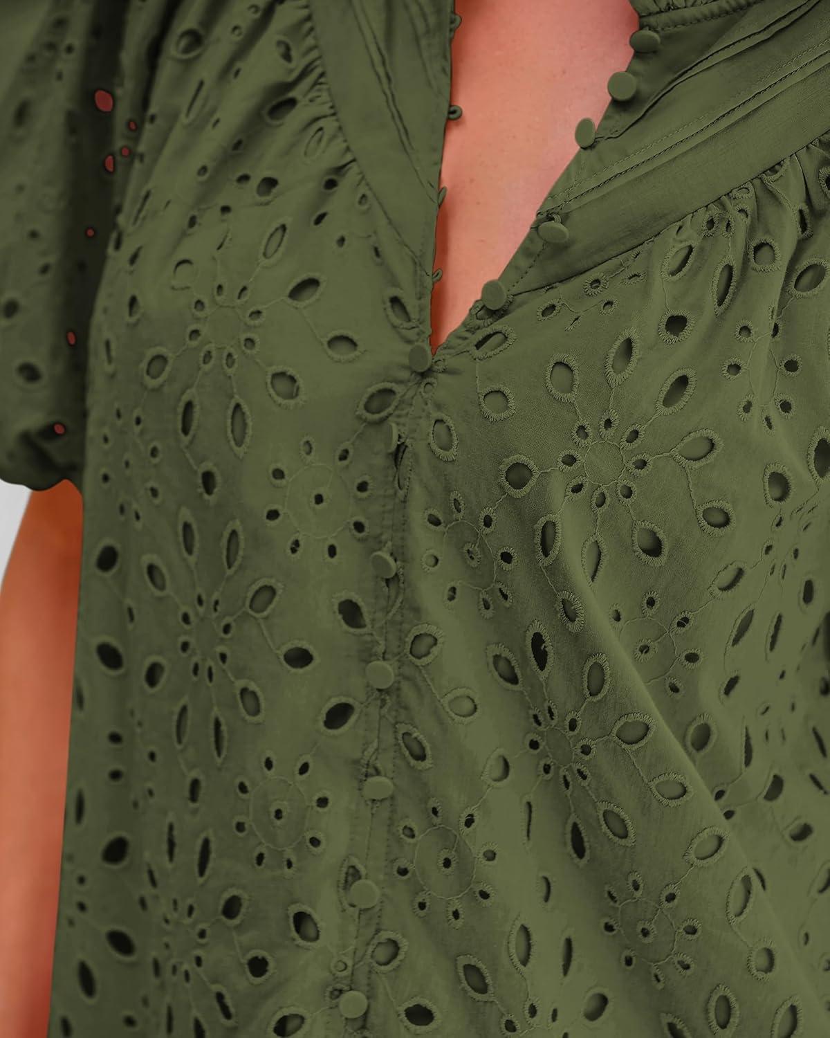 imageBTFBM Womens Blouses Summer Hollow Out Eyelet Embroidery Tops V Neck Buttons Puff Sleeve Boho Shirts Spring Fashion 2026Army Green