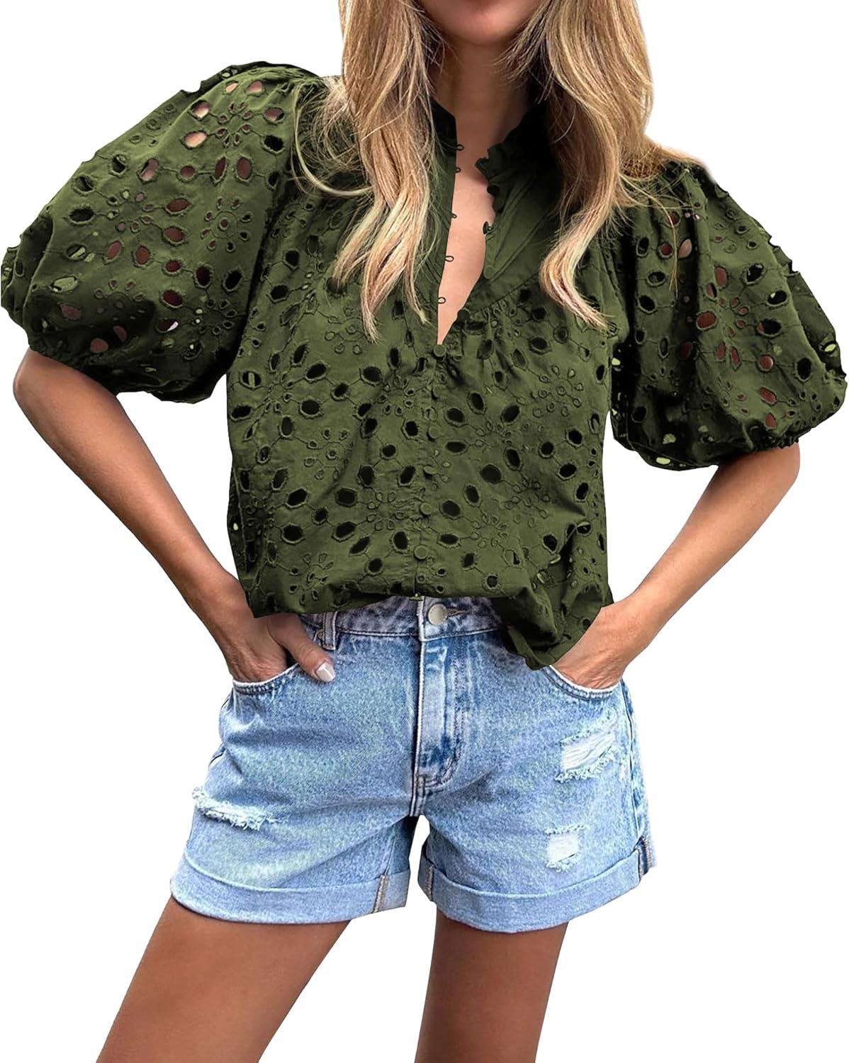 imageBTFBM Womens Blouses Summer Hollow Out Eyelet Embroidery Tops V Neck Buttons Puff Sleeve Boho Shirts Spring Fashion 2026Army Green