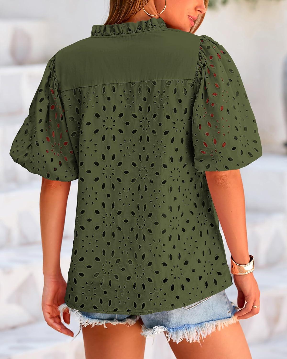imageBTFBM Womens Blouses Summer Hollow Out Eyelet Embroidery Tops V Neck Buttons Puff Sleeve Boho Shirts Spring Fashion 2026Army Green