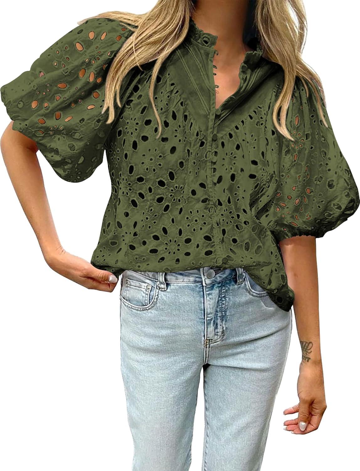 imageBTFBM Womens Blouses Summer Hollow Out Eyelet Embroidery Tops V Neck Buttons Puff Sleeve Boho Shirts Spring Fashion 2026Army Green