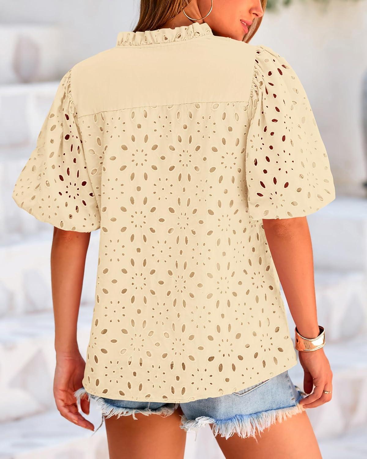 imageBTFBM Womens Blouses Summer Hollow Out Eyelet Embroidery Tops V Neck Buttons Puff Sleeve Boho Shirts Spring Fashion 2026Beige