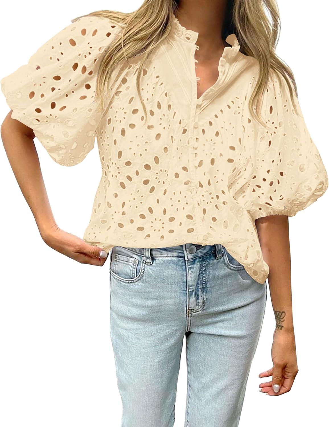 imageBTFBM Womens Blouses Summer Hollow Out Eyelet Embroidery Tops V Neck Buttons Puff Sleeve Boho Shirts Spring Fashion 2026Beige