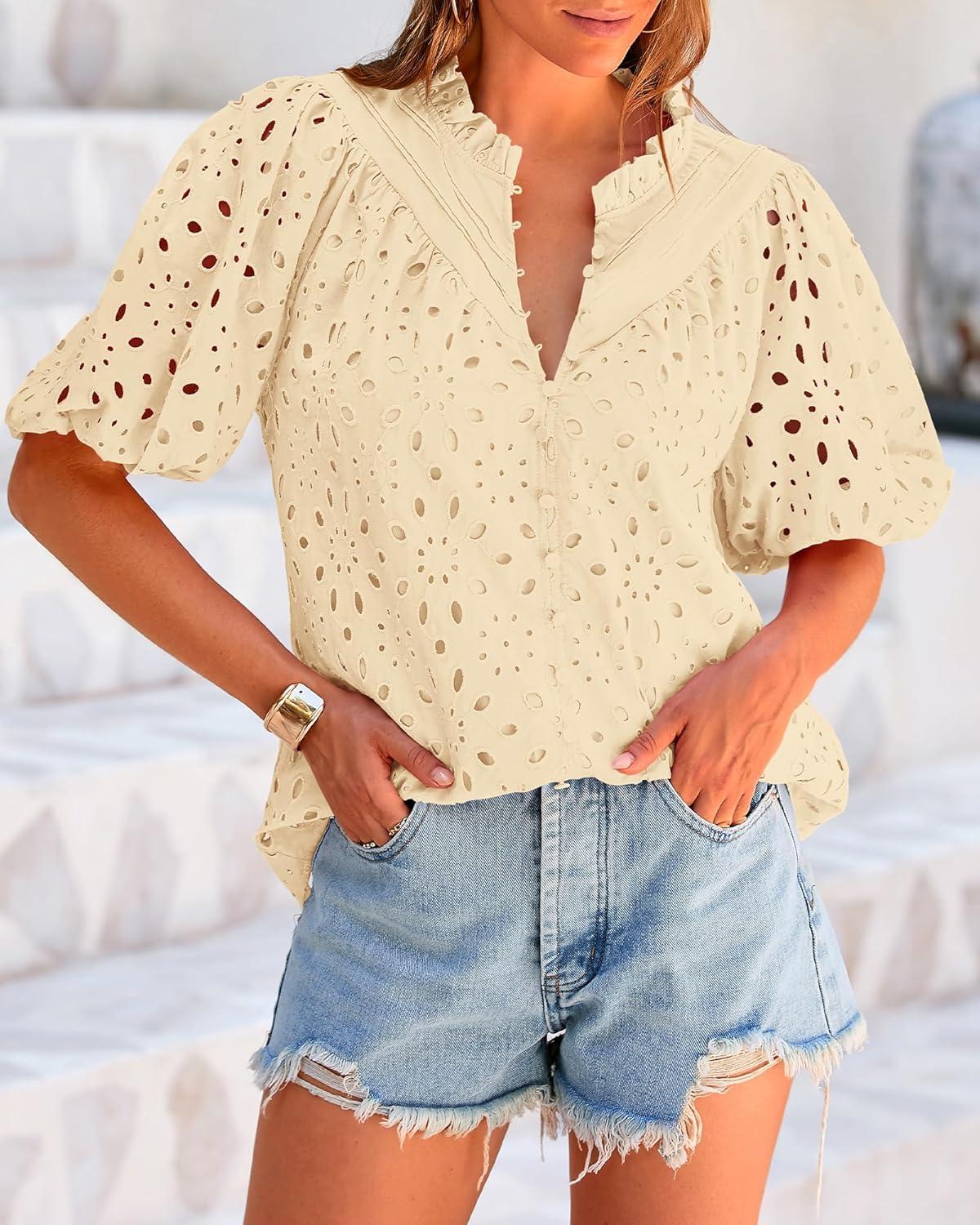 imageBTFBM Womens Blouses Summer Hollow Out Eyelet Embroidery Tops V Neck Buttons Puff Sleeve Boho Shirts Spring Fashion 2026Beige