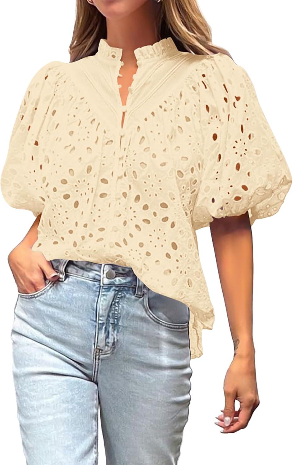 imageBTFBM Womens Blouses Summer Hollow Out Eyelet Embroidery Tops V Neck Buttons Puff Sleeve Boho Shirts Spring Fashion 2026Beige