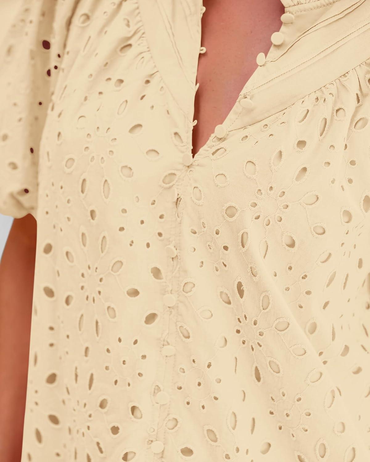 imageBTFBM Womens Blouses Summer Hollow Out Eyelet Embroidery Tops V Neck Buttons Puff Sleeve Boho Shirts Spring Fashion 2026Beige