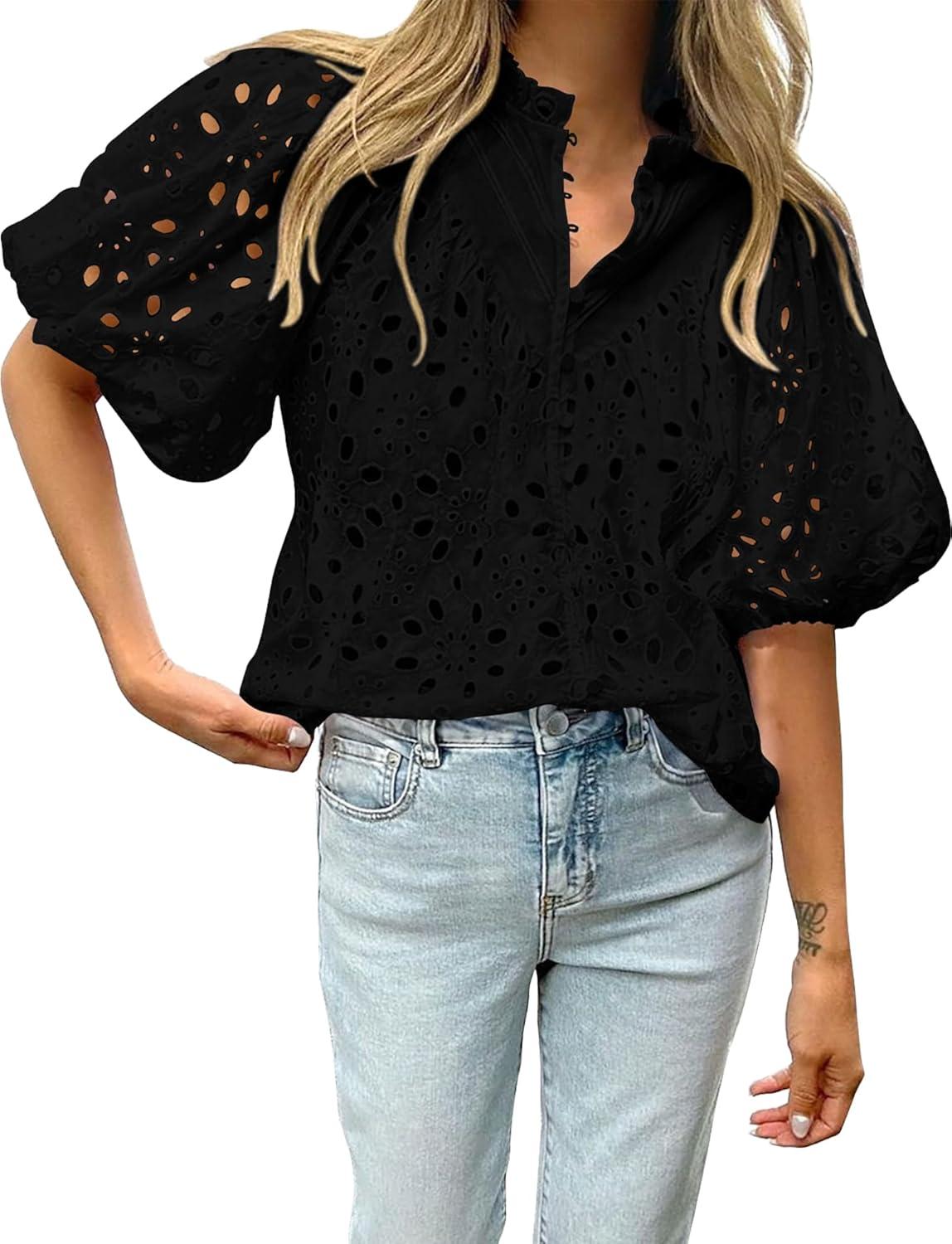 imageBTFBM Womens Blouses Summer Hollow Out Eyelet Embroidery Tops V Neck Buttons Puff Sleeve Boho Shirts Spring Fashion 2026Black