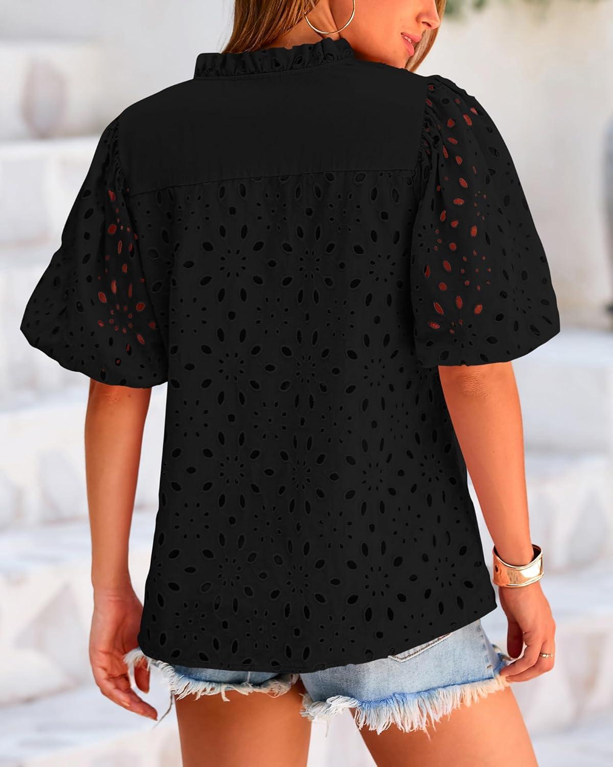 imageBTFBM Womens Blouses Summer Hollow Out Eyelet Embroidery Tops V Neck Buttons Puff Sleeve Boho Shirts Spring Fashion 2026Black