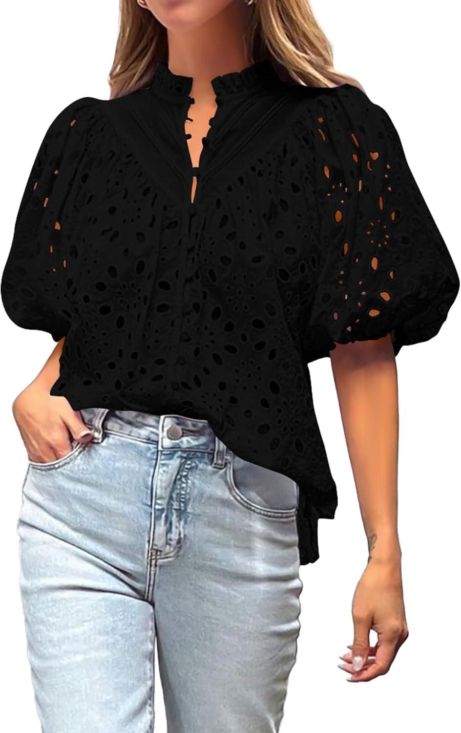 imageBTFBM Womens Blouses Summer Hollow Out Eyelet Embroidery Tops V Neck Buttons Puff Sleeve Boho Shirts Spring Fashion 2026Black