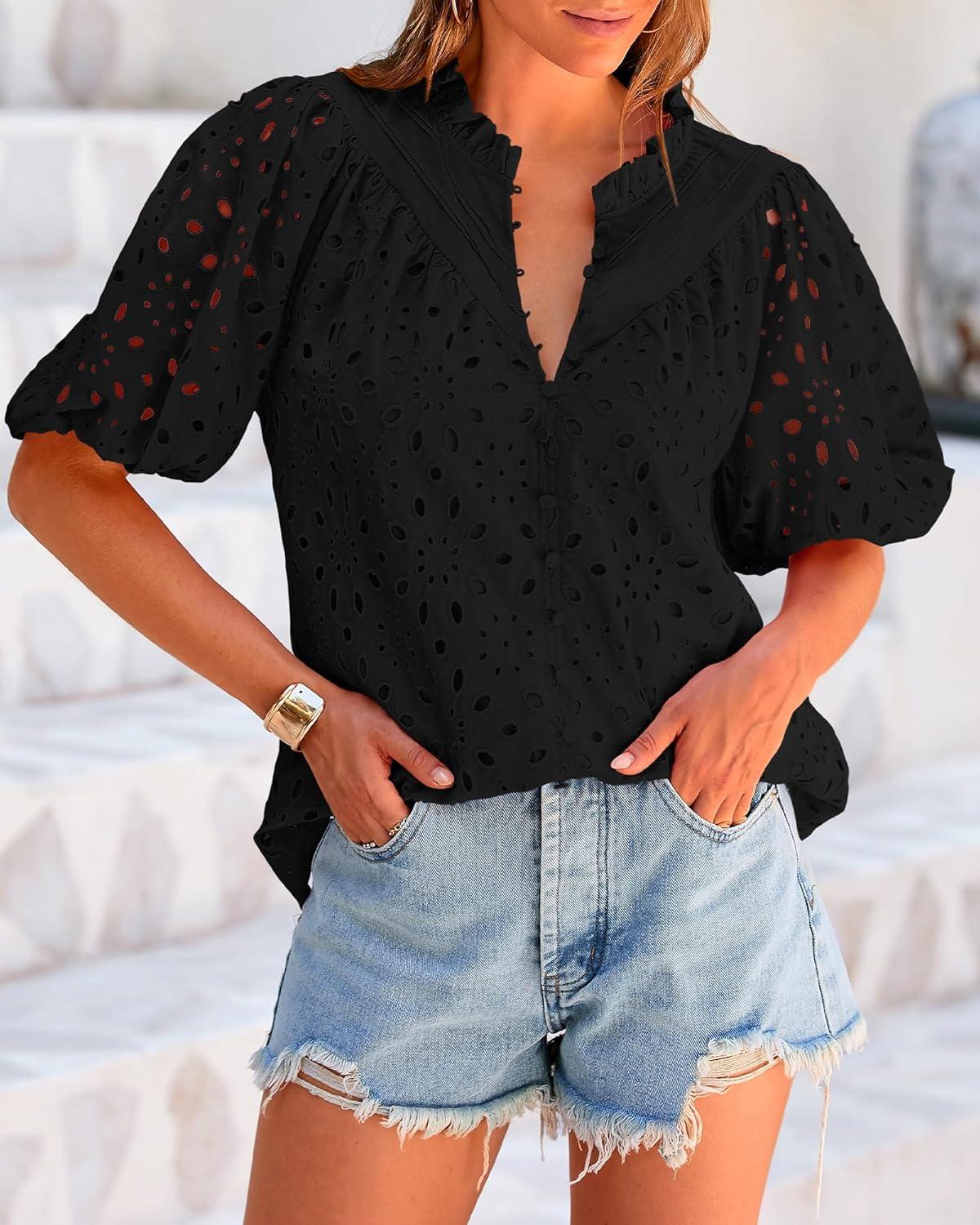 imageBTFBM Womens Blouses Summer Hollow Out Eyelet Embroidery Tops V Neck Buttons Puff Sleeve Boho Shirts Spring Fashion 2026Black