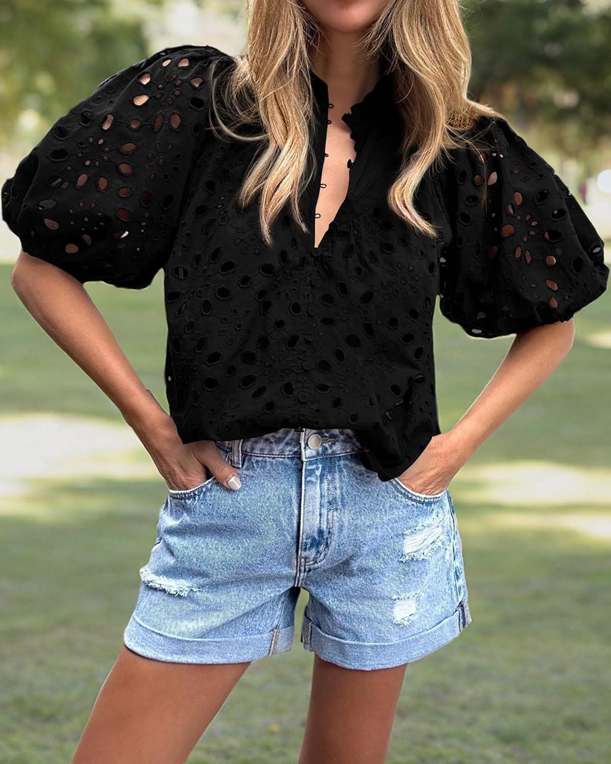 imageBTFBM Womens Blouses Summer Hollow Out Eyelet Embroidery Tops V Neck Buttons Puff Sleeve Boho Shirts Spring Fashion 2026Black