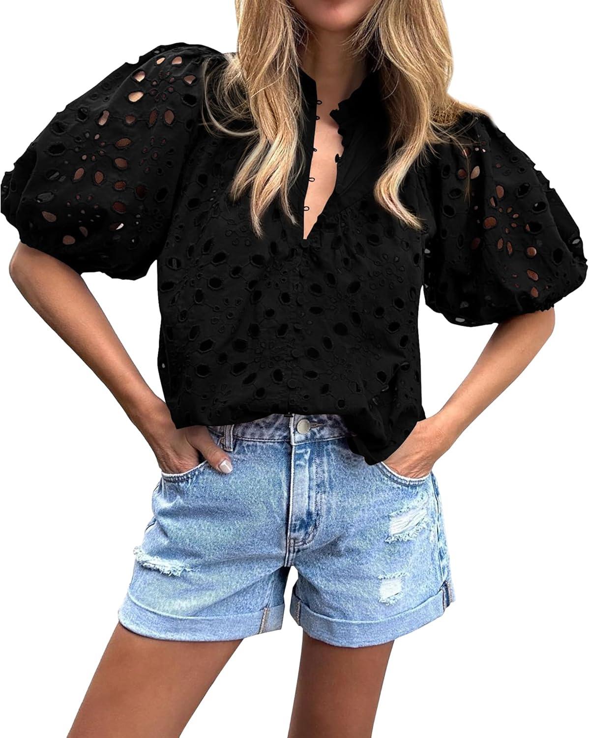 imageBTFBM Womens Blouses Summer Hollow Out Eyelet Embroidery Tops V Neck Buttons Puff Sleeve Boho Shirts Spring Fashion 2026Black
