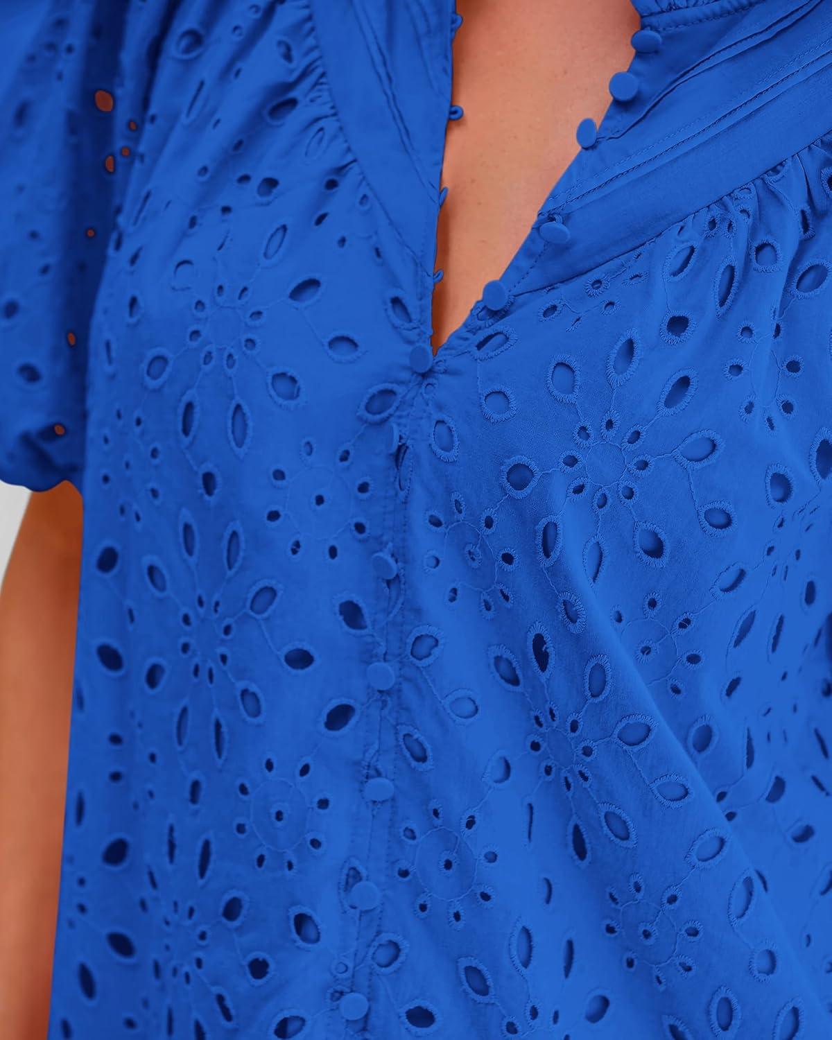 imageBTFBM Womens Blouses Summer Hollow Out Eyelet Embroidery Tops V Neck Buttons Puff Sleeve Boho Shirts Spring Fashion 2026Blue