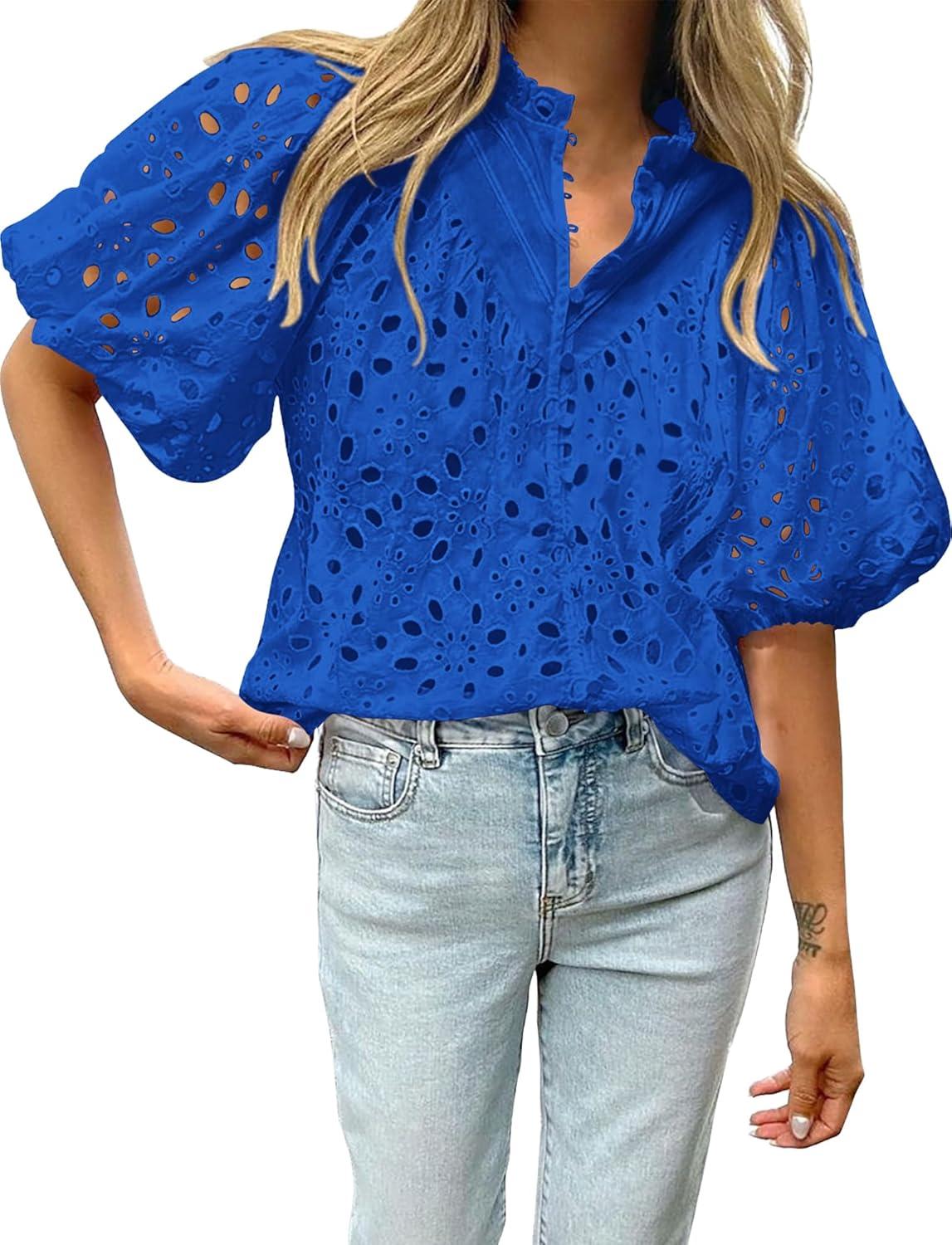 imageBTFBM Womens Blouses Summer Hollow Out Eyelet Embroidery Tops V Neck Buttons Puff Sleeve Boho Shirts Spring Fashion 2026Blue