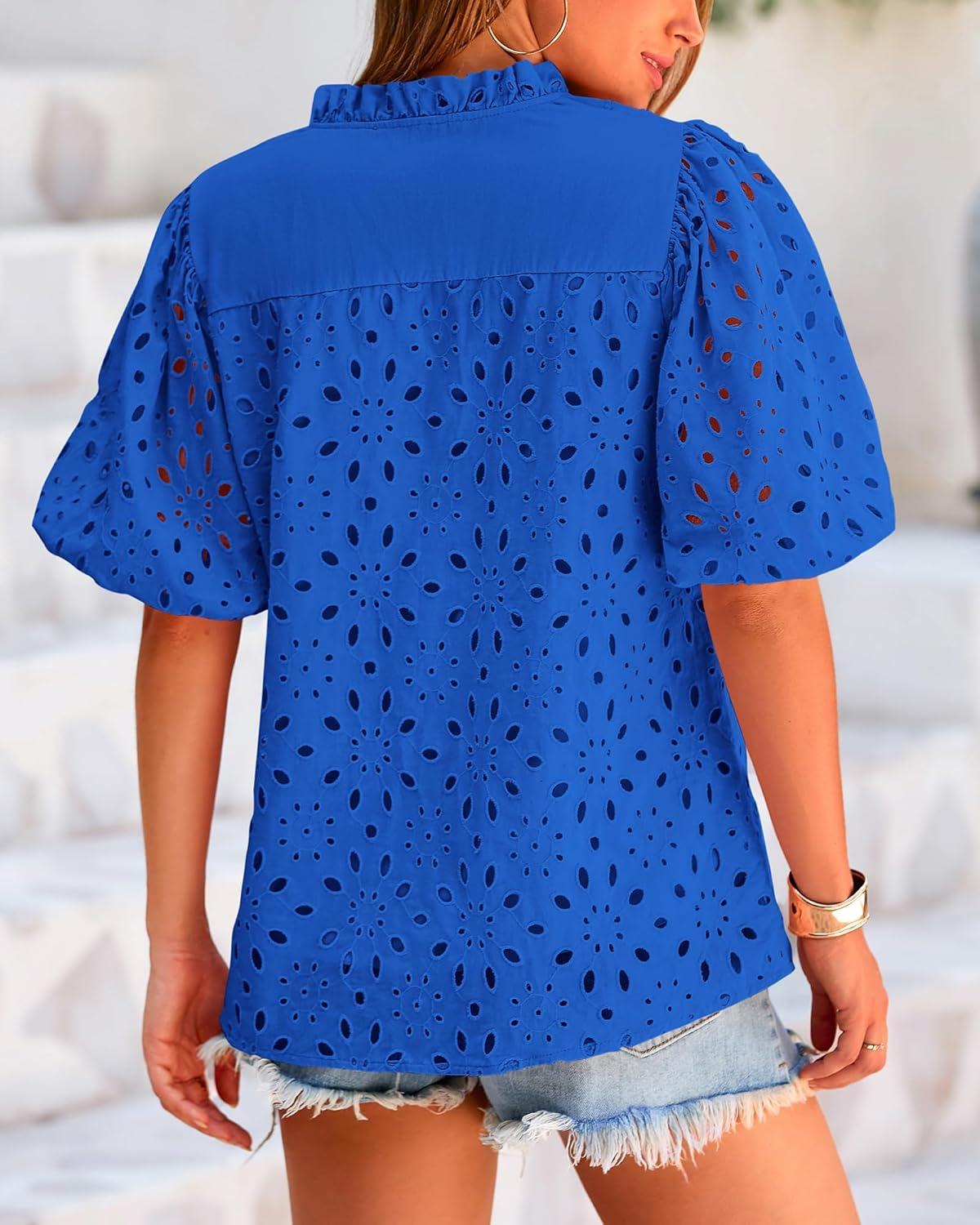 imageBTFBM Womens Blouses Summer Hollow Out Eyelet Embroidery Tops V Neck Buttons Puff Sleeve Boho Shirts Spring Fashion 2026Blue
