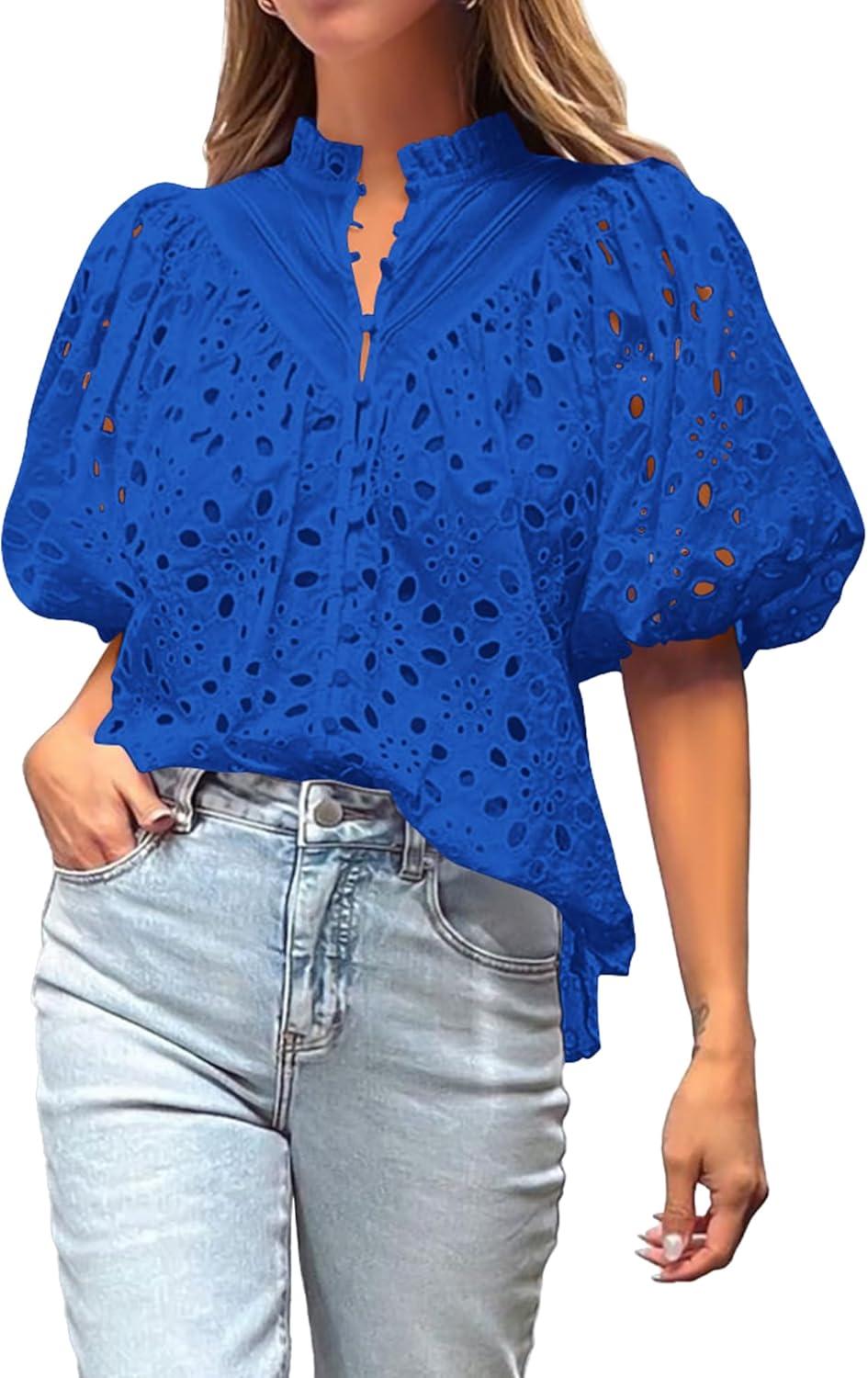 imageBTFBM Womens Blouses Summer Hollow Out Eyelet Embroidery Tops V Neck Buttons Puff Sleeve Boho Shirts Spring Fashion 2026Blue