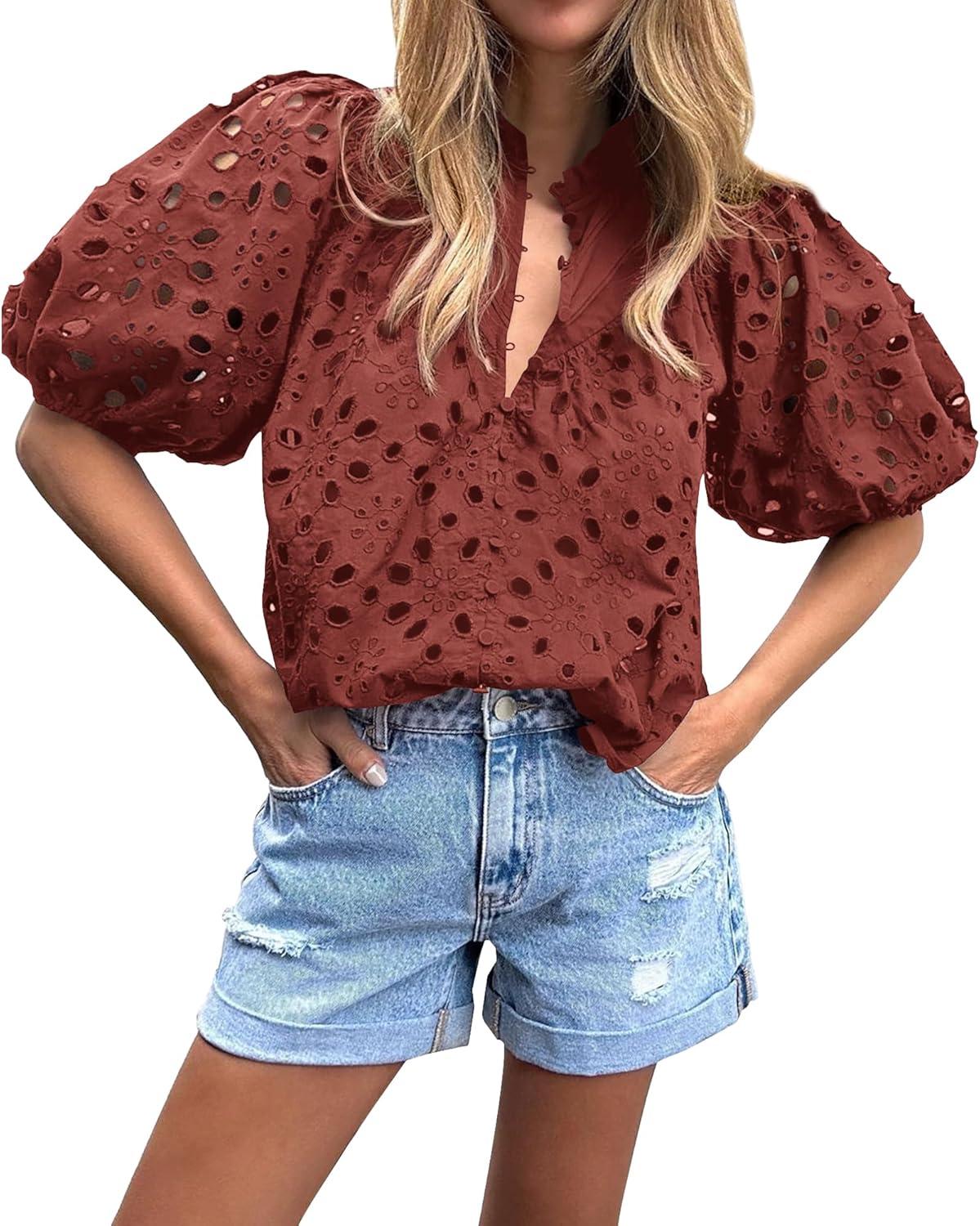 imageBTFBM Womens Blouses Summer Hollow Out Eyelet Embroidery Tops V Neck Buttons Puff Sleeve Boho Shirts Spring Fashion 2026Brown Red