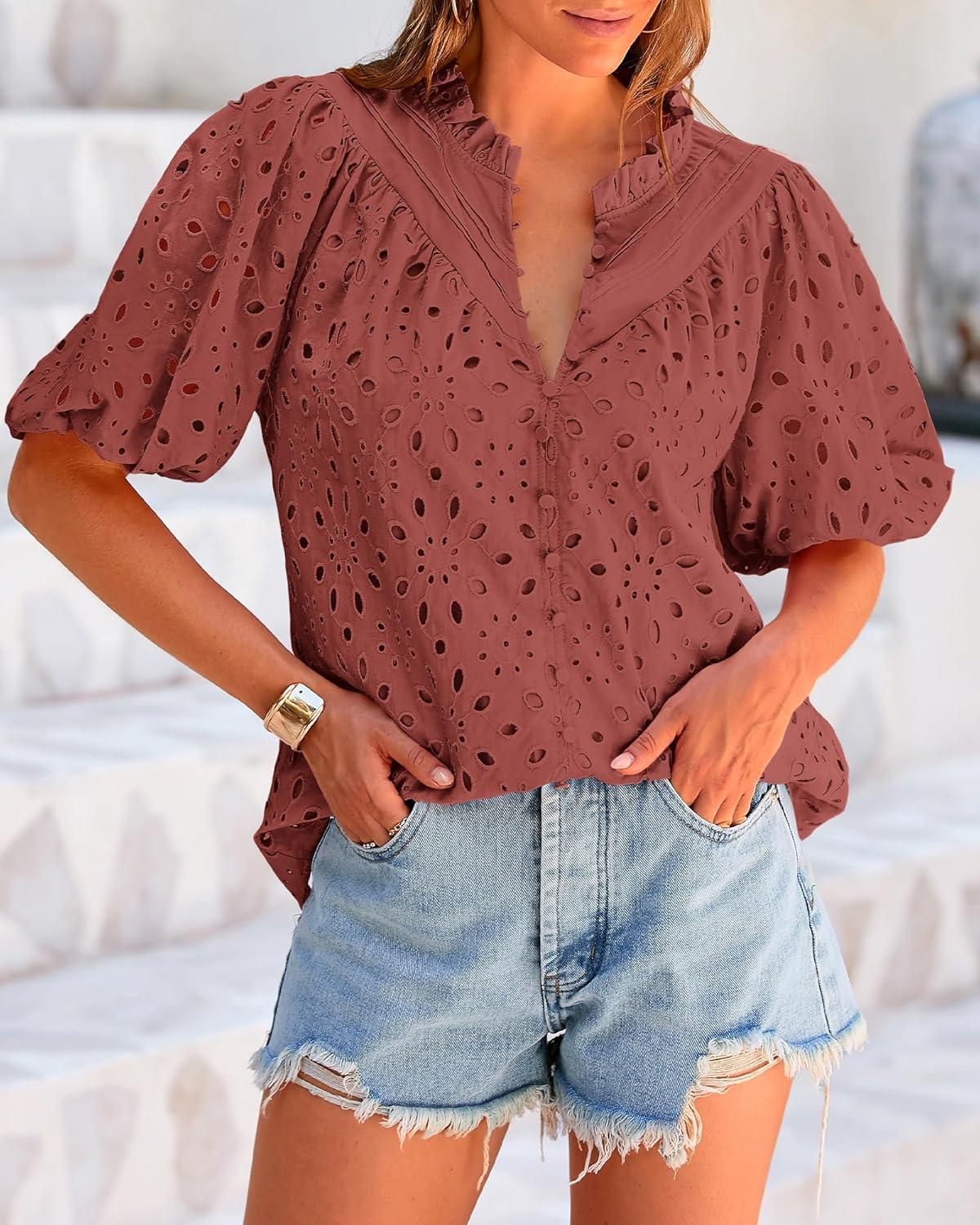 imageBTFBM Womens Blouses Summer Hollow Out Eyelet Embroidery Tops V Neck Buttons Puff Sleeve Boho Shirts Spring Fashion 2026Brown Red