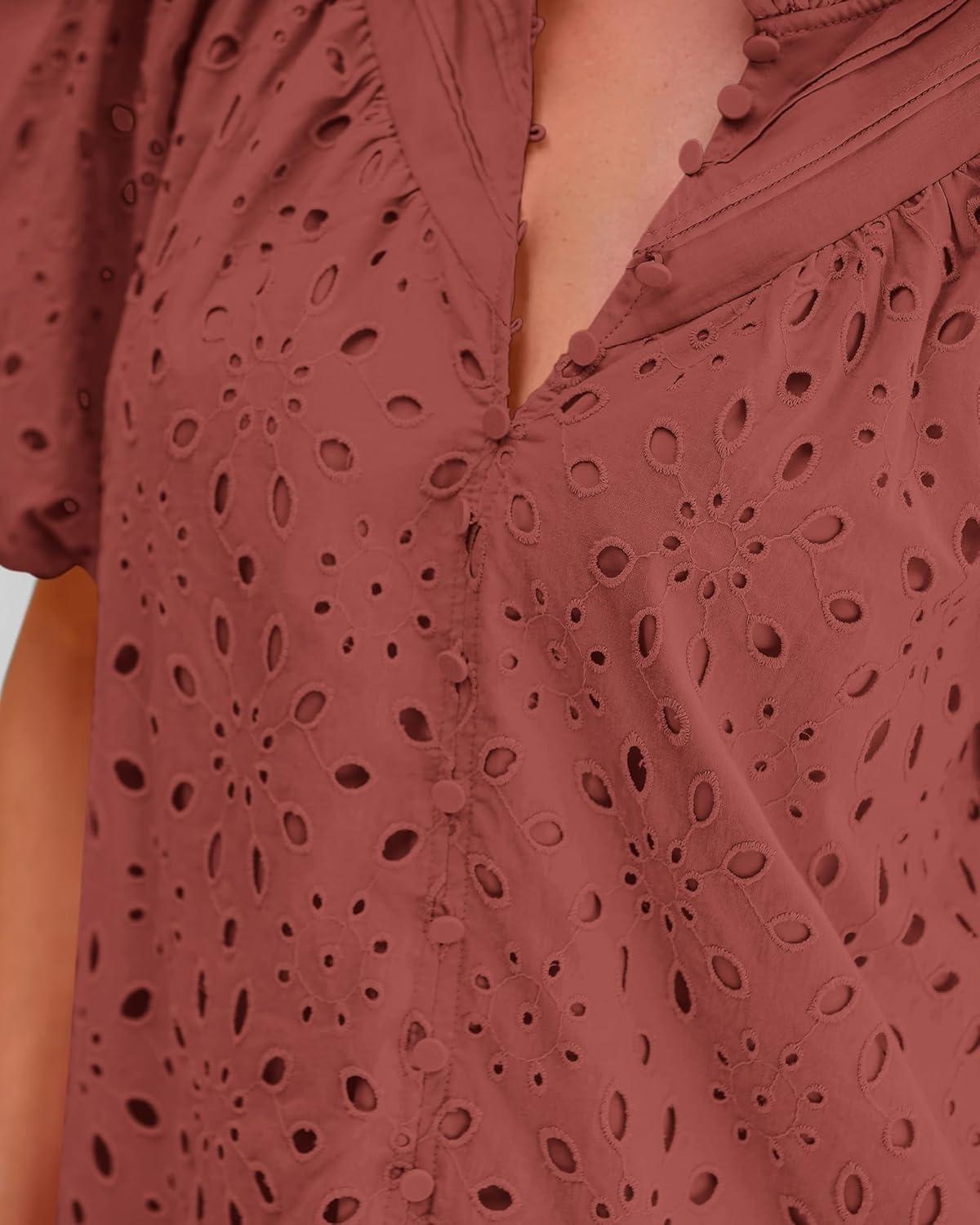 imageBTFBM Womens Blouses Summer Hollow Out Eyelet Embroidery Tops V Neck Buttons Puff Sleeve Boho Shirts Spring Fashion 2026Brown Red