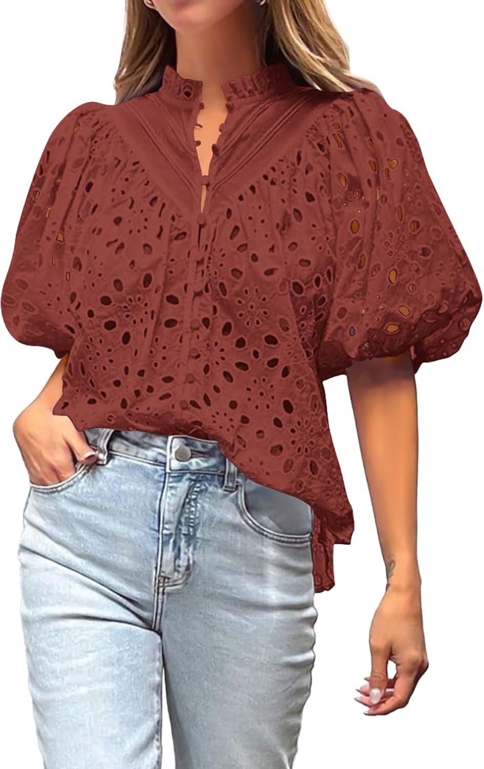 imageBTFBM Womens Blouses Summer Hollow Out Eyelet Embroidery Tops V Neck Buttons Puff Sleeve Boho Shirts Spring Fashion 2026Brown Red