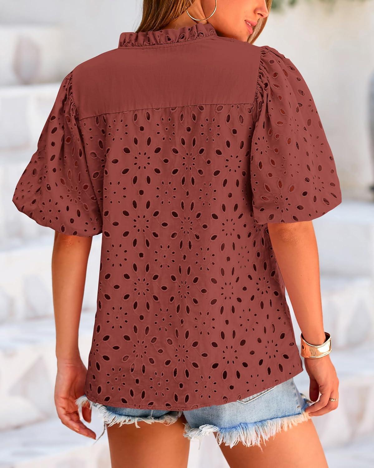 imageBTFBM Womens Blouses Summer Hollow Out Eyelet Embroidery Tops V Neck Buttons Puff Sleeve Boho Shirts Spring Fashion 2026Brown Red