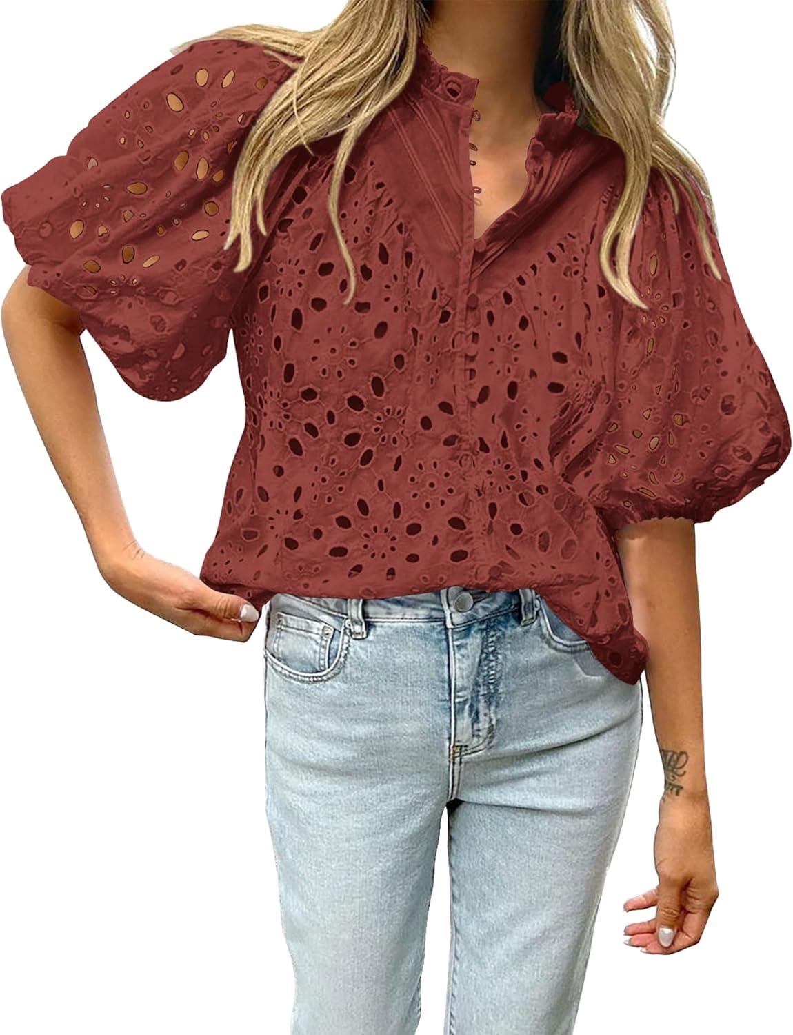 imageBTFBM Womens Blouses Summer Hollow Out Eyelet Embroidery Tops V Neck Buttons Puff Sleeve Boho Shirts Spring Fashion 2026Brown Red