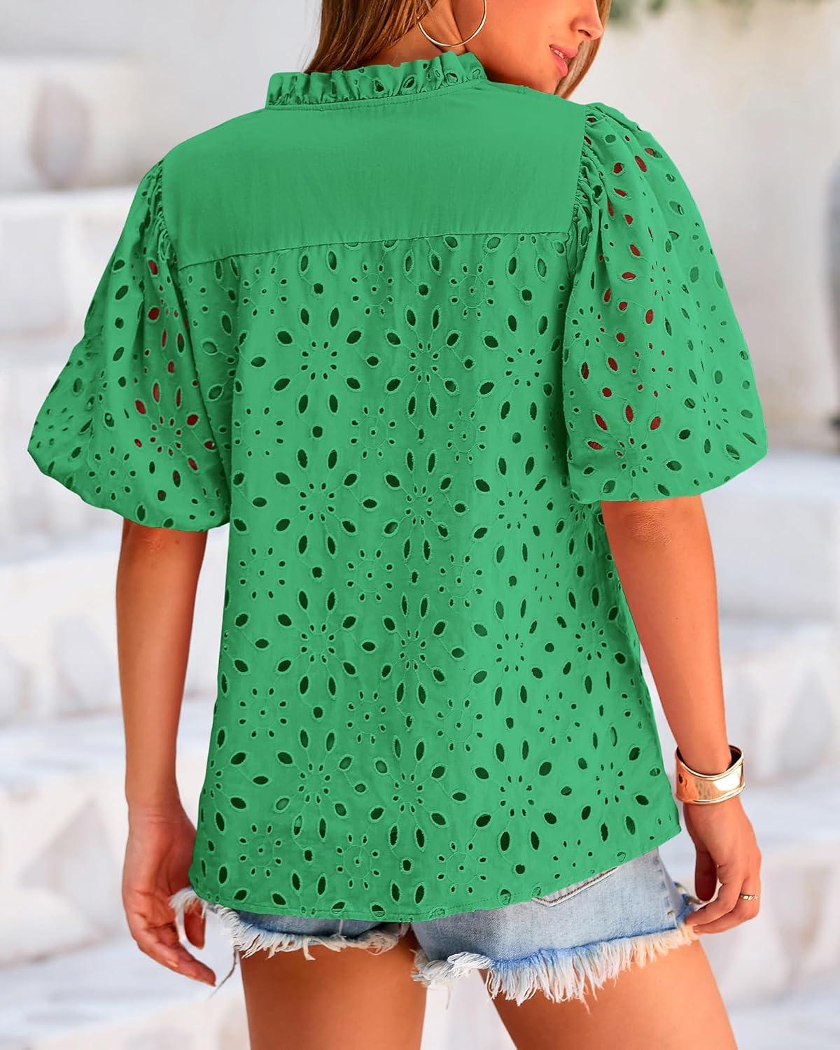 imageBTFBM Womens Blouses Summer Hollow Out Eyelet Embroidery Tops V Neck Buttons Puff Sleeve Boho Shirts Spring Fashion 2026Green