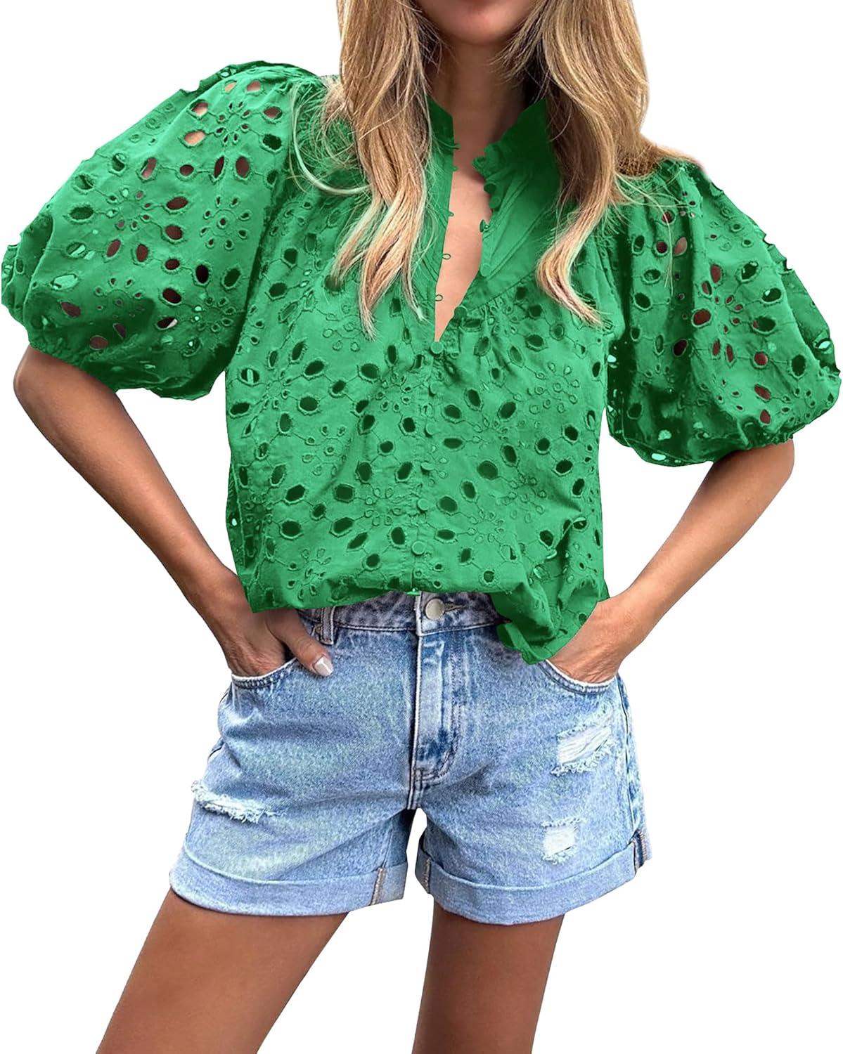 imageBTFBM Womens Blouses Summer Hollow Out Eyelet Embroidery Tops V Neck Buttons Puff Sleeve Boho Shirts Spring Fashion 2026Green